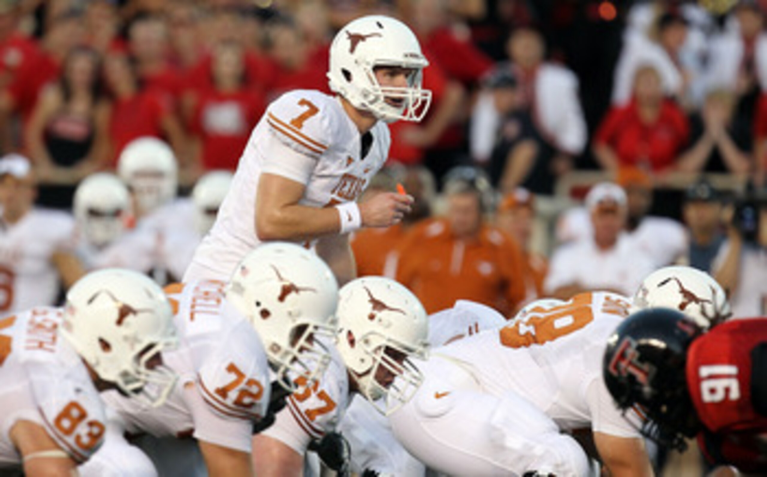 LUBBOCK, TX - SEPTEMBER 18:  Quarterback Garrett Gilbert #7 of the Texas Longhorns at Jones AT&T Stadium on September 18, 2010 in Lubbock, Texas.  (Photo by Ronald Martinez/Getty Images)
