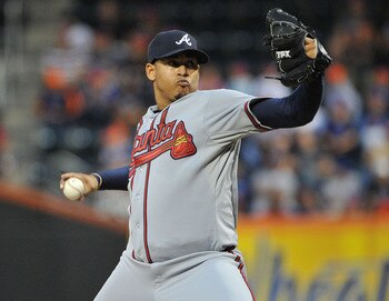 NEW YORK, NY - JUNE 04: Jair Jurrjens #49 of the Atlanta Braves throws a pitch in the bottom of the first inning against the New York Mets at Citi Field on June 4, 2011 in the Flushing neighborhood of the Queens borough of New York City. (Photo by Christo