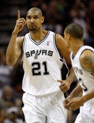 SAN ANTONIO, TX - APRIL 17:  Forward Tim Duncan #21 of the San Antonio Spurs reacts against the Memphis Grizzlies in Game One of the Western Conference Quarterfinals in the 2011 NBA Playoffs on April 17, 2011 at AT&T Center in San Antonio, Texas.  NOTE TO