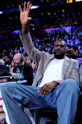 LOS ANGELES, CA - FEBRUARY 19:  Shaquille O'Neal of the Boston Celtics waves as he attends NBA All-Star Saturday night presented by State Farm at Staples Center on February 19, 2011 in Los Angeles, California.  NOTE TO USER: User expressly acknowledges an