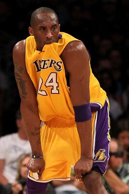 LOS ANGELES, CA - MAY 04:  Kobe Bryant #24 of the Los Angeles Lakers bites his jersey while taking on the Dallas Mavericks in the first quarter in Game Two of the Western Conference Semifinals in the 2011 NBA Playoffs at Staples Center on May 4, 2011 in L