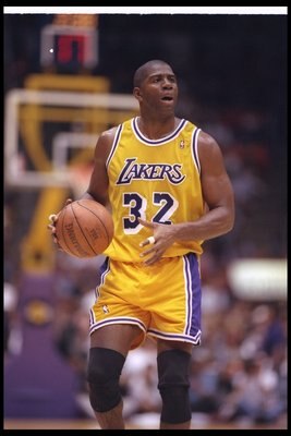 2 Feb 1996:  Guard Earvin (Magic) Johnson of the Los Angeles Lakers moves the ball during a game against the Chicago Bulls at the Great Western Forum in Inglewood, California.  The Bulls won the game, 99-84. Mandatory Credit: ALLSPORT USA  /Allsport Manda
