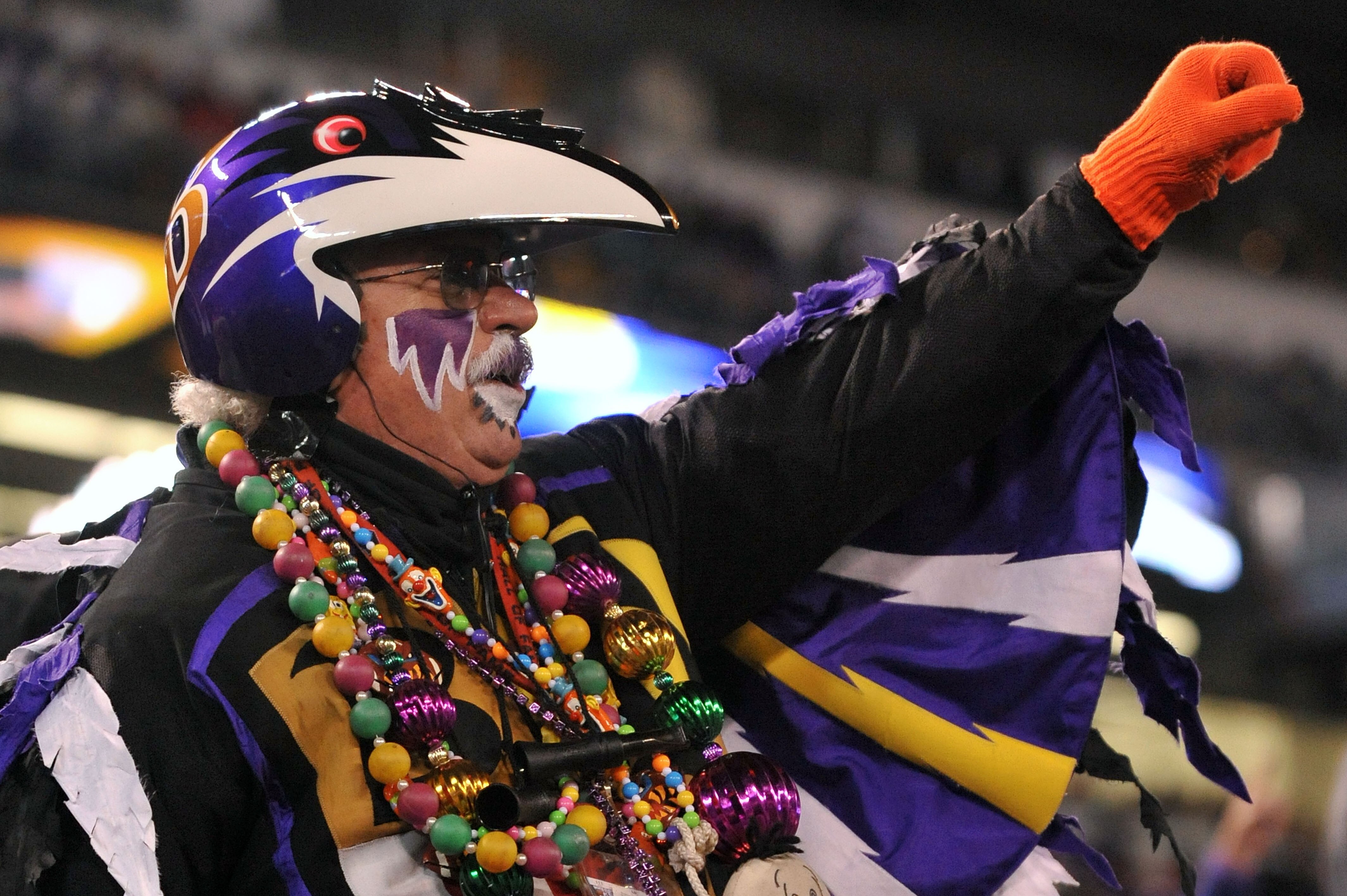 BALTIMORE, MD - DECEMBER 05:  A fan of the Baltimore Ravens cheers during the game against the Pittsburgh Steelers at M&T Bank Stadium on December 5, 2010 in Baltimore, Maryland. Pittsburgh won 13-10. (Photo by Larry French/Getty Images)