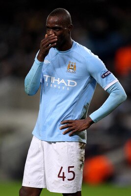 MANCHESTER, ENGLAND - FEBRUARY 24:  Mario Balotelli of City reacts during the UEFA Europa League round of 32 second leg match between Manchester City and Aris Saloniki at City of Manchester Stadium on February 24, 2011 in Manchester, England.  (Photo by A