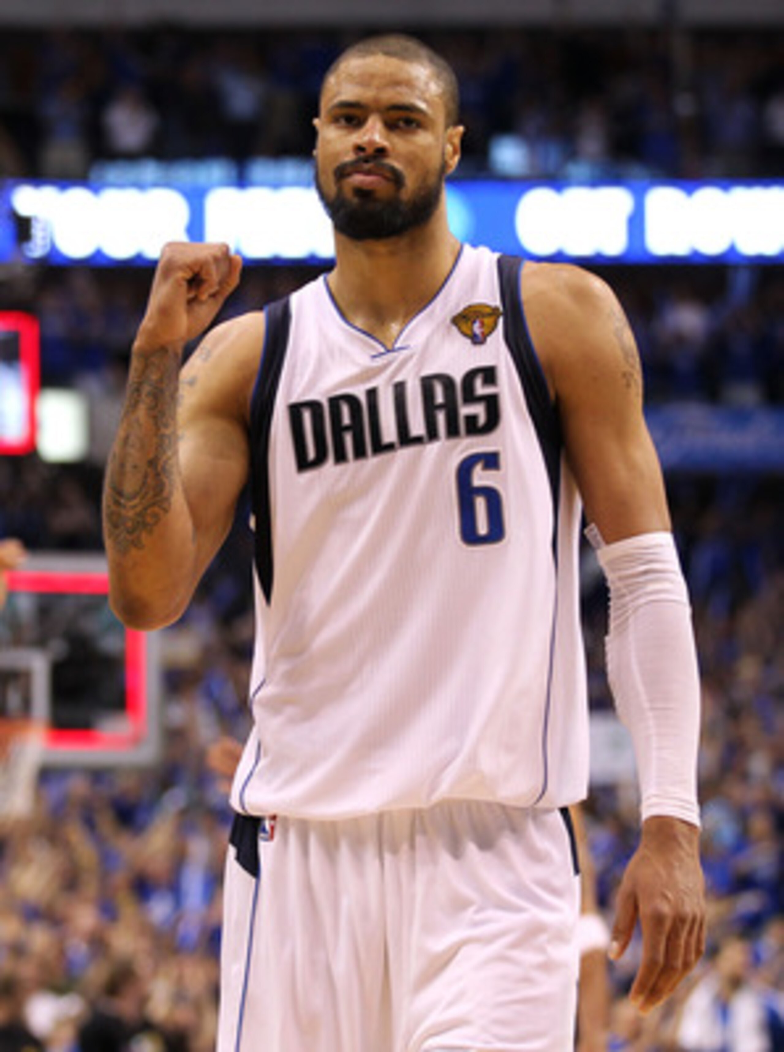 DALLAS, TX - JUNE 09:  Tyson Chandler #6 of the Dallas Mavericks reacts after the Mavericks defeated the Miami Heat 112-103 in Game Five of the 2011 NBA Finals at American Airlines Center on June 9, 2011 in Dallas, Texas.  NOTE TO USER: User expressly ack