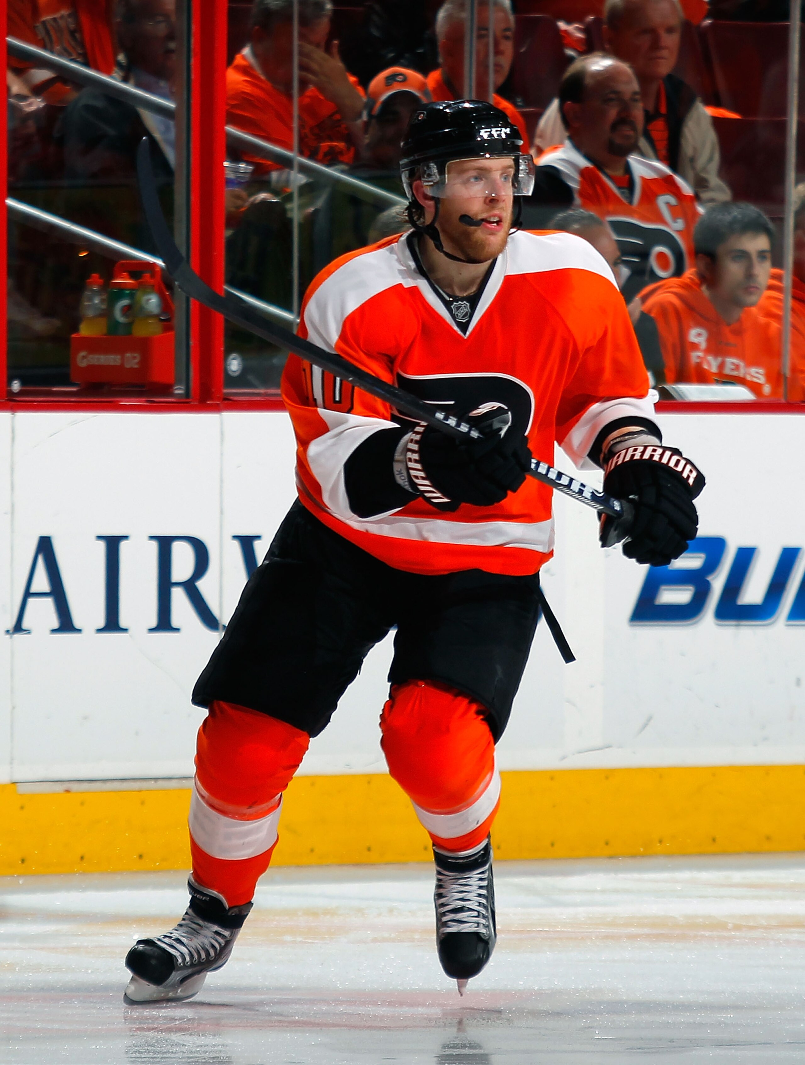 PHILADELPHIA, PA - MAY 02:  Kris Versteeg #10 of the Philadelphia Flyers skates in Game Two of the Eastern Conference Semifinals against the Boston Bruins during the 2011 NHL Stanley Cup Playoffs at Wells Fargo Center on May 2, 2011 in Philadelphia, Penns