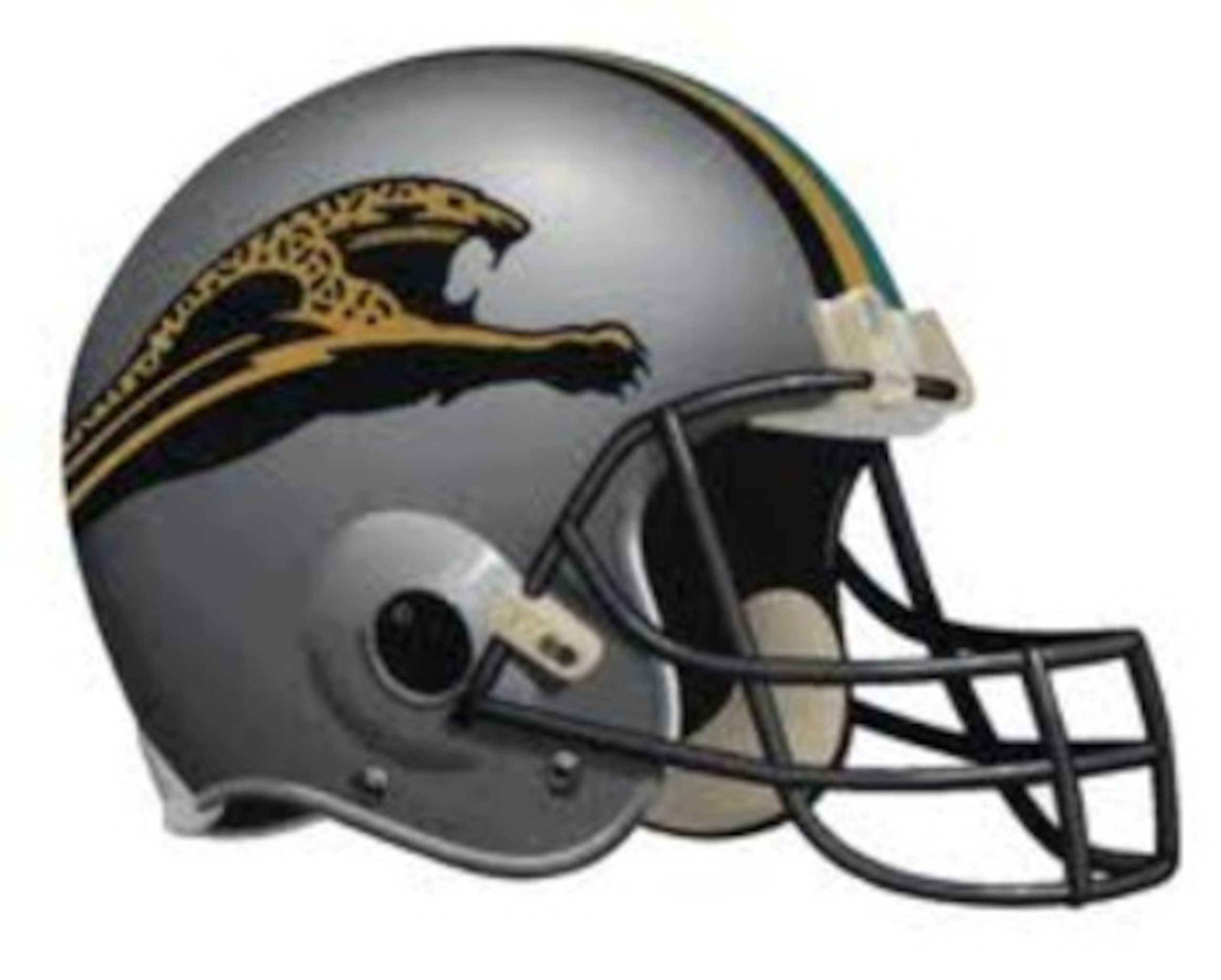 1995 Jaguars proposed helmet design. Center stripe is gold, with a single black and teal stripe on each side.