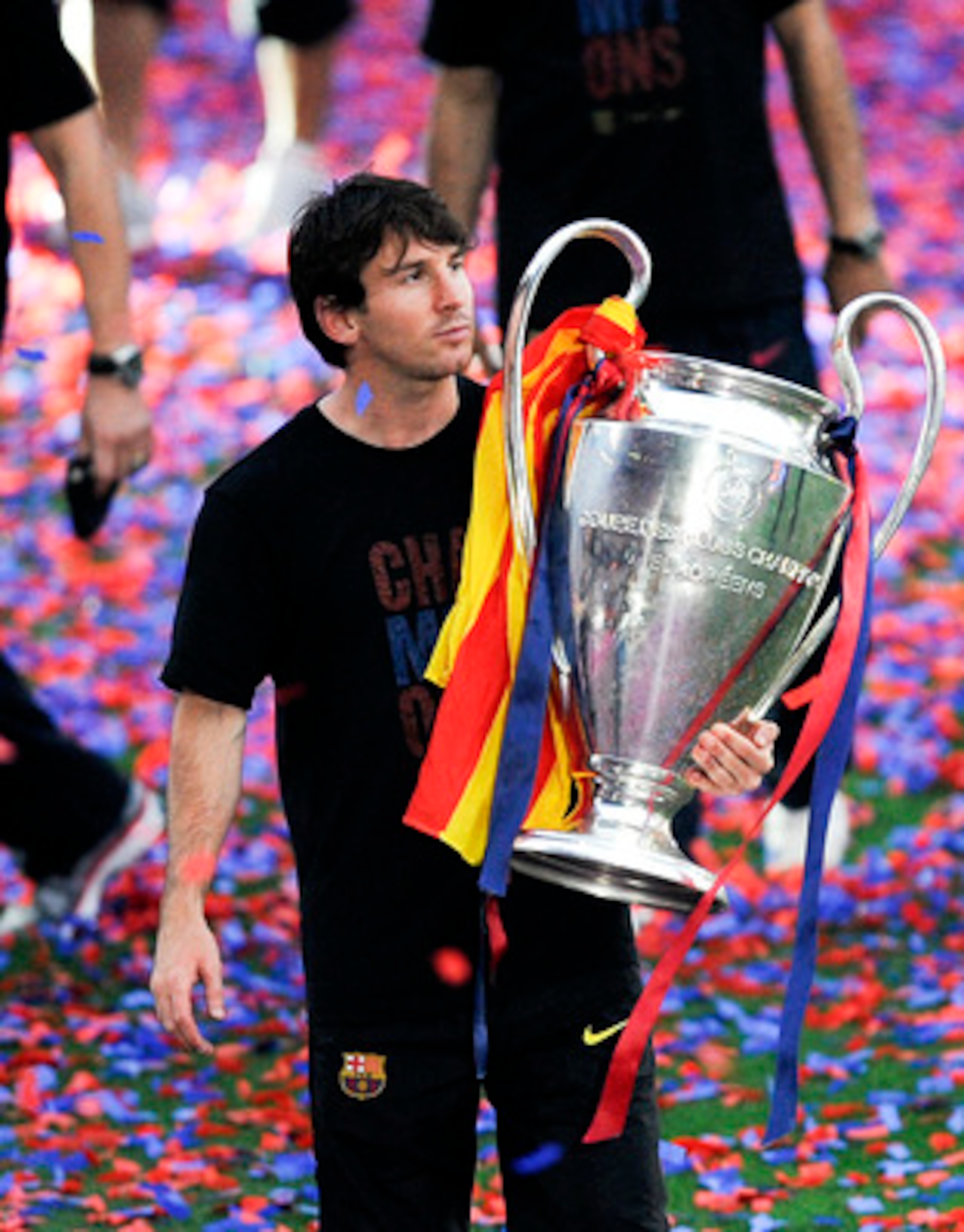 BARCELONA, SPAIN - MAY 29:  Lionel Messi of FC Barcelona holds the UEFA Champions League Trophy during the celebrations after winning the UEFA Champions League Final against Manchester United, at Camp Nou Stadium on May 29, 2011 in Barcelona, Spain.  (Pho