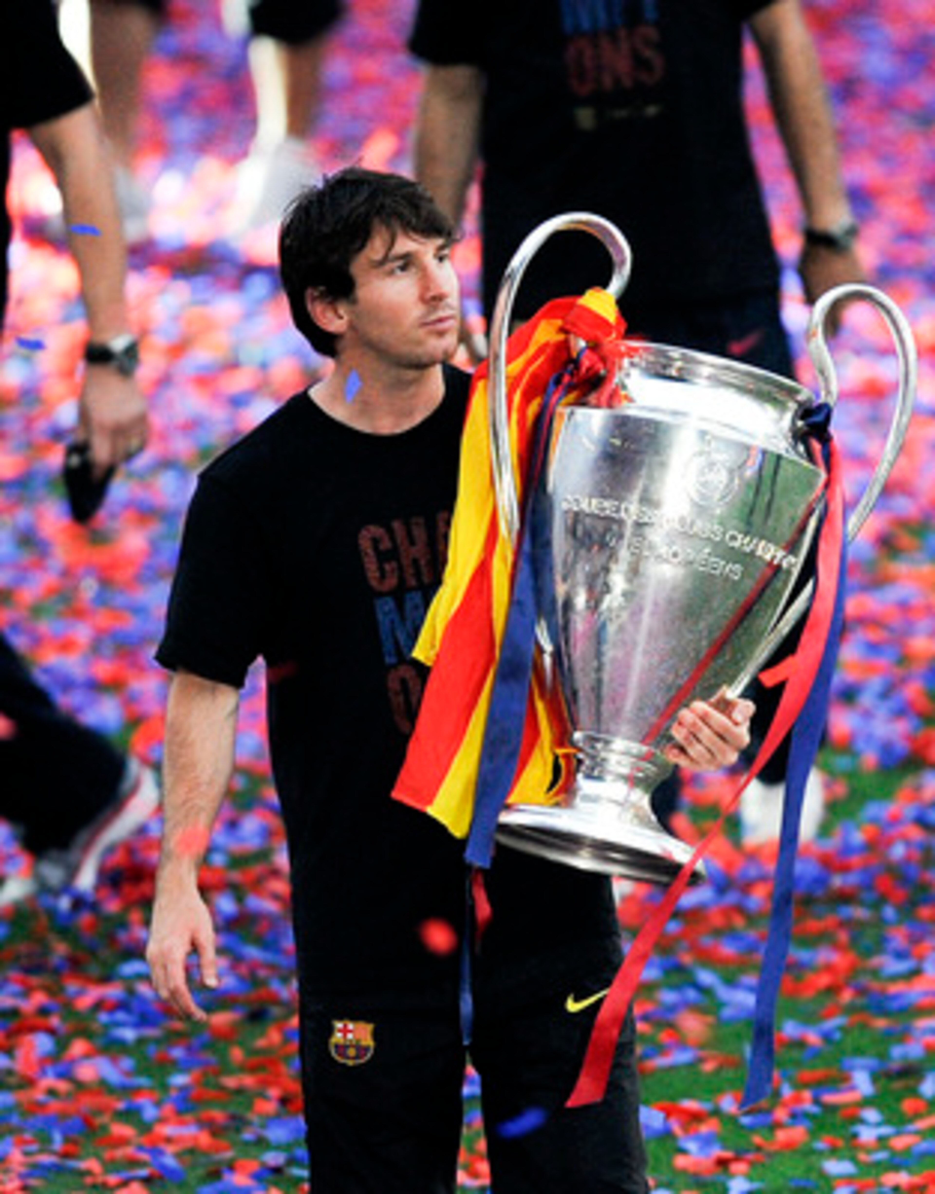 BARCELONA, SPAIN - MAY 29:  Lionel Messi of FC Barcelona holds the UEFA Champions League Trophy during the celebrations after winning the UEFA Champions League Final against Manchester United, at Camp Nou Stadium on May 29, 2011 in Barcelona, Spain.  (Pho