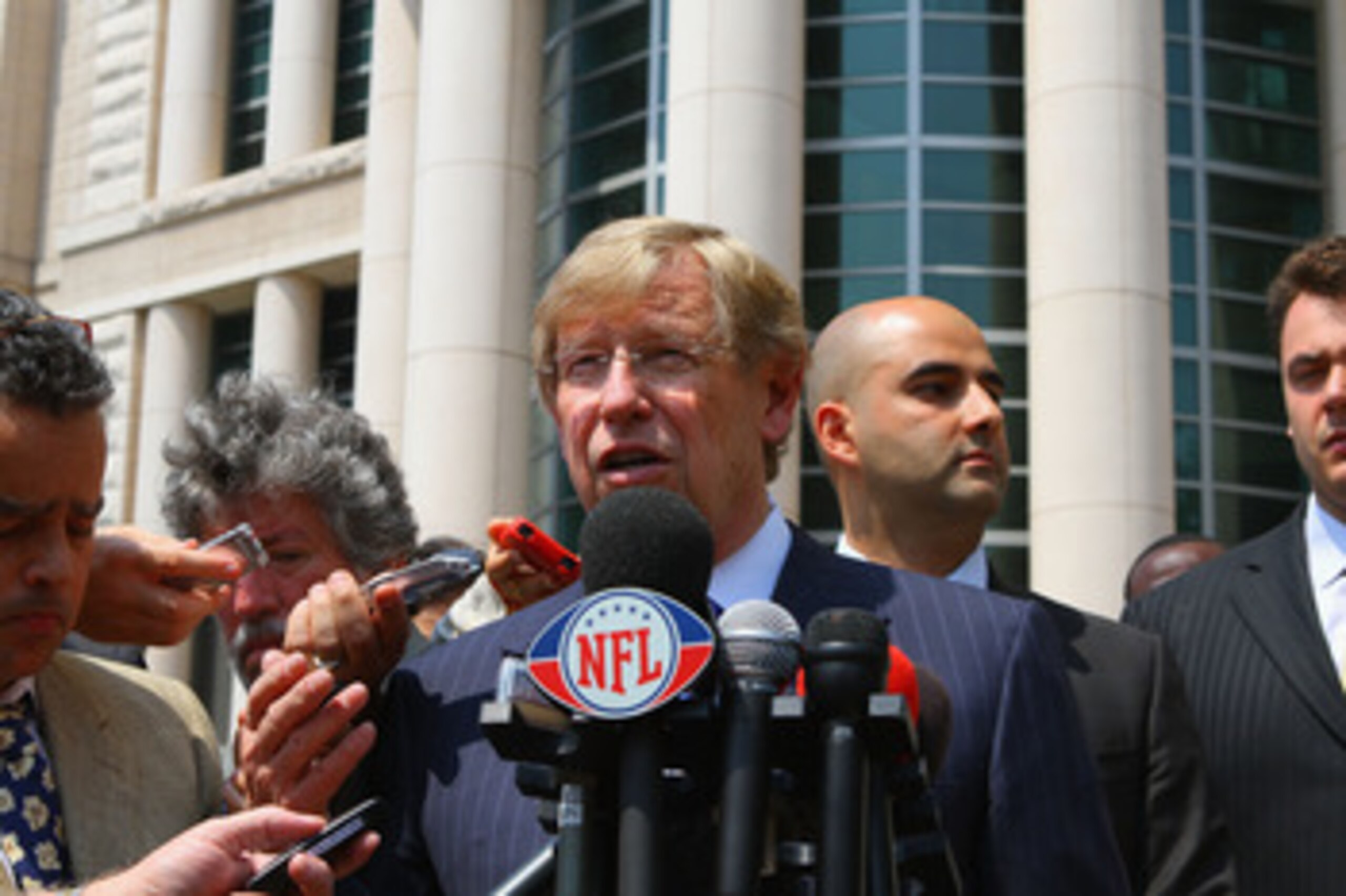 ST. LOUIS, MO - JUNE 3: Theodore Olson, lawyer for the National Football League Players Association (NFLPA), addresses the media outside the Thomas F. Eagleton U.S. Federal Courthouse after the NFL lockout hearing on June 3, 2011 in St. Louis, Missouri. N