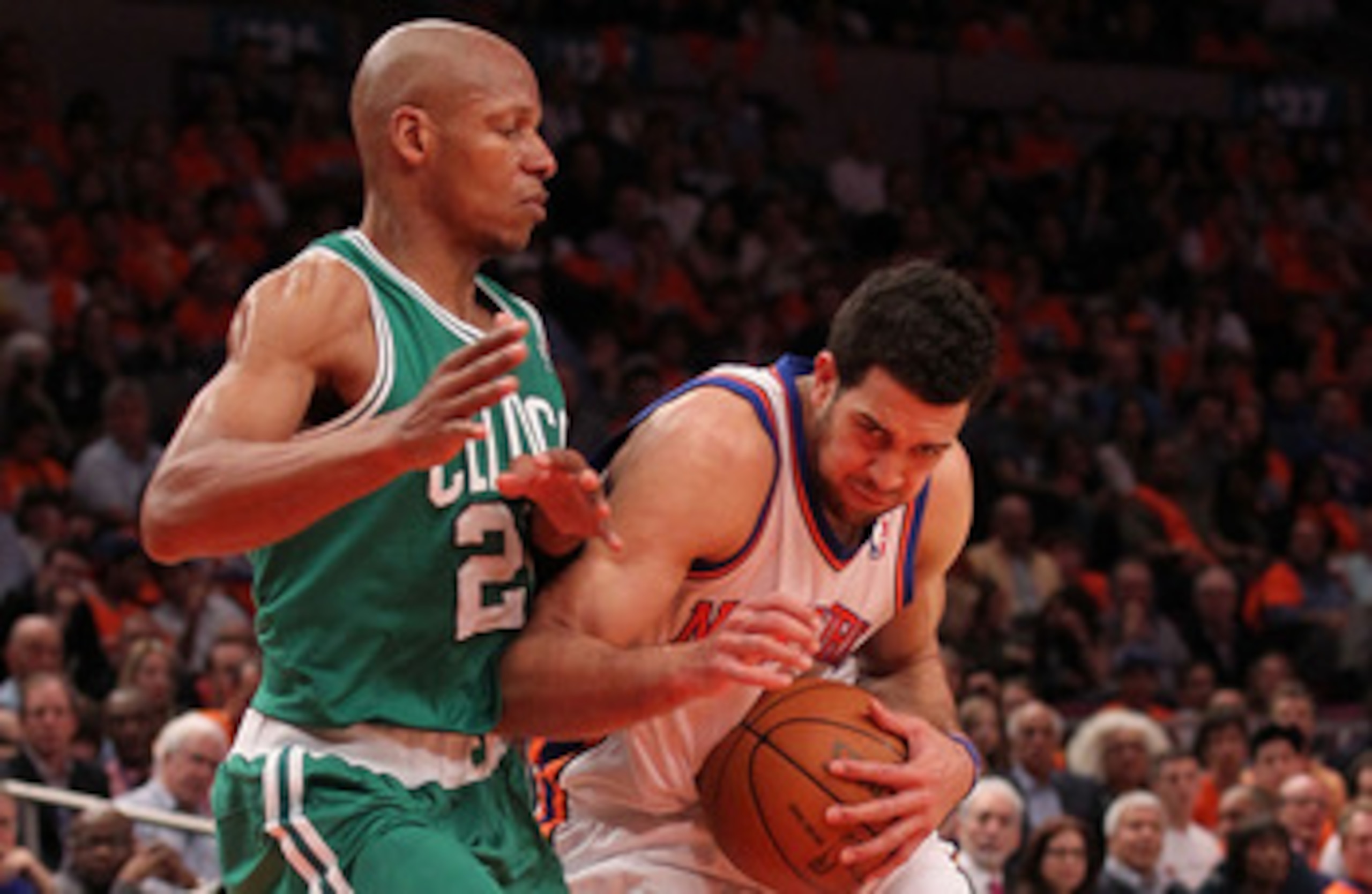 NEW YORK, NY - APRIL 24:  Landry Fields #6 of the New York Knicks drives against Ray Allen #20 of the Boston Celtics in Game Four of the Eastern Conference Quarterfinals during the 2011 NBA Playoffs on April 24, 2011 at Madison Square Garden in New York C