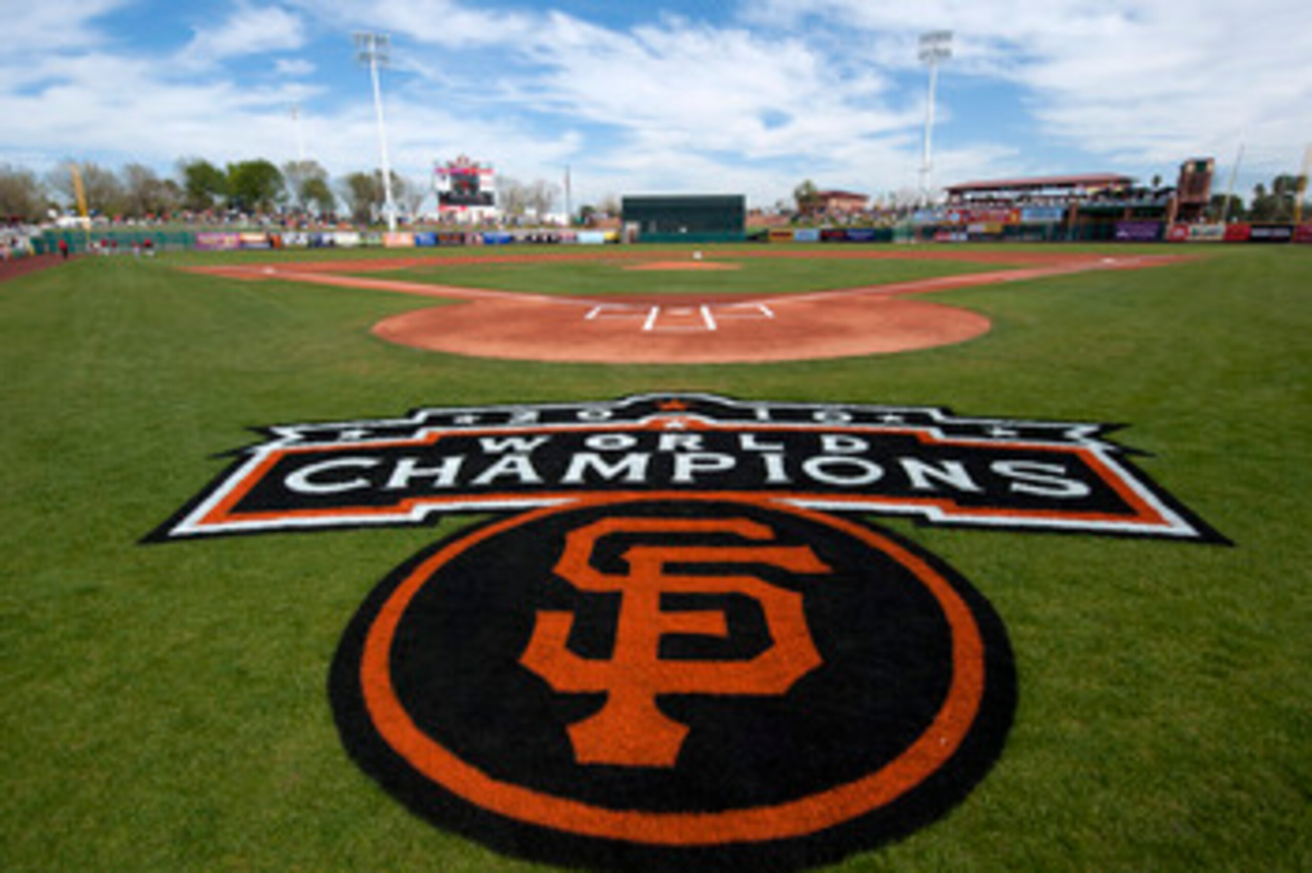 SCOTTSDALE, AZ - FEBRUARY 25: A general view of the painted logo of the World Champion San Francisco Giants behind home plate before a game played between the San Francisco Giants and the Arizona Diamondbacks at Scottsdale Stadium on February 25, 2011 in