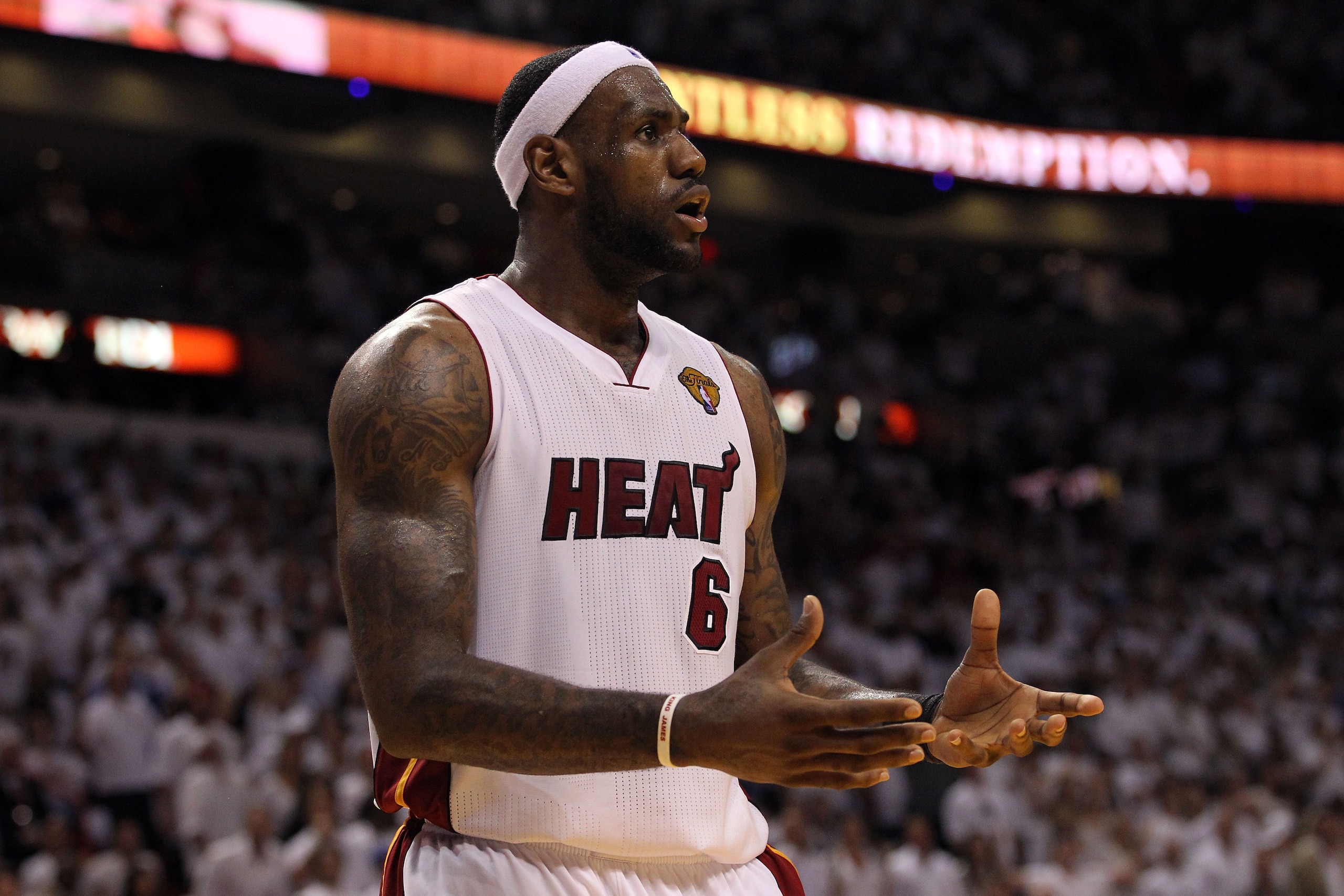 MIAMI, FL - JUNE 12:  LeBron James #6 of the Miami Heat reacts against the Dallas Mavericks in Game Six of the 2011 NBA Finals at American Airlines Arena on June 12, 2011 in Miami, Florida. NOTE TO USER: User expressly acknowledges and agrees that, by dow