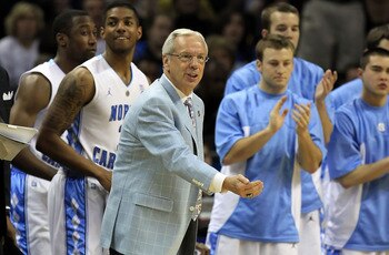 CHARLOTTE, NC - MARCH 20:  Head coach Roy Williams of the North Carolina Tar Heels reacts in the first half while taking on the Washington Huskies during the third round of the 2011 NCAA men's basketball tournament at Time Warner Cable Arena on March 20,
