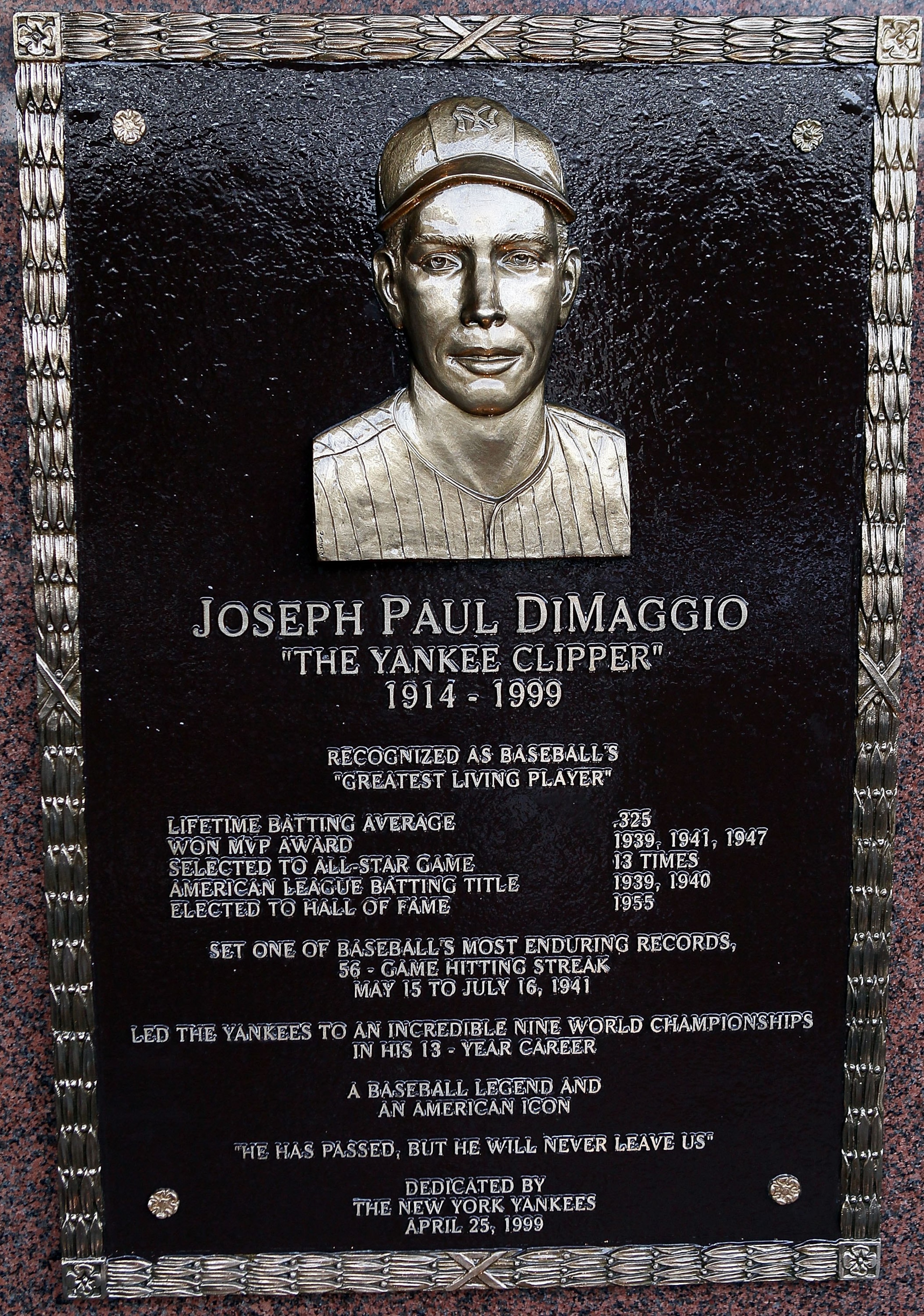 NEW YORK - MAY 02:  The plaque of Joe DiMaggio is seen in Monument Park at Yankee Stadium prior to the game between the New York Yankees and the Chicago White Sox on May 2, 2010 in the Bronx borough of New York City. The Yankees defeated the White Sox 12-