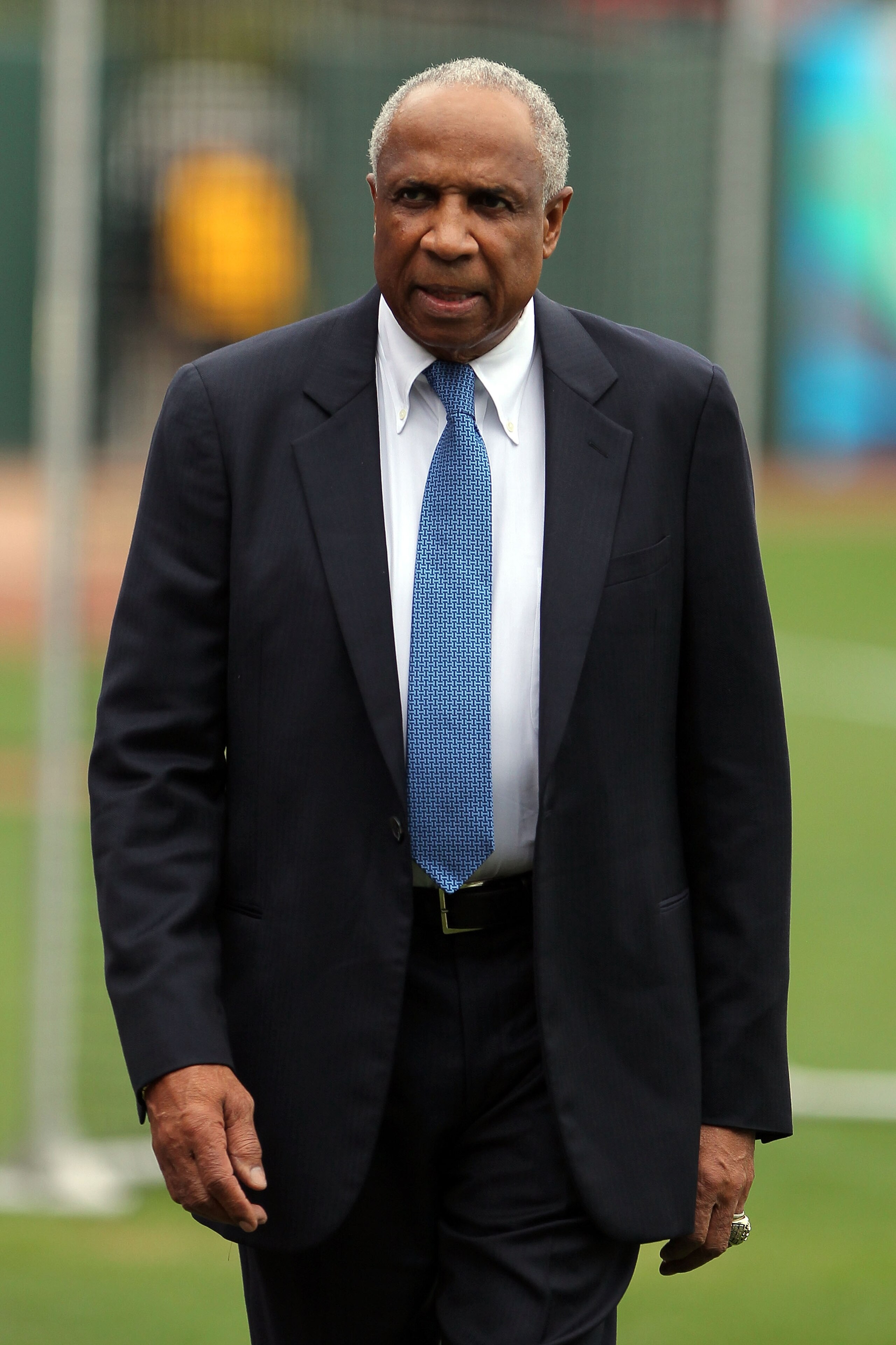 SAN FRANCISCO - OCTOBER 28:  Hall of Famer Frank Robinson on the field before Game Two of the 2010 MLB World Series between the Texas Rangers and the San Francisco Giants at AT&T Park on October 28, 2010 in San Francisco, California.  (Photo by Doug Pensi