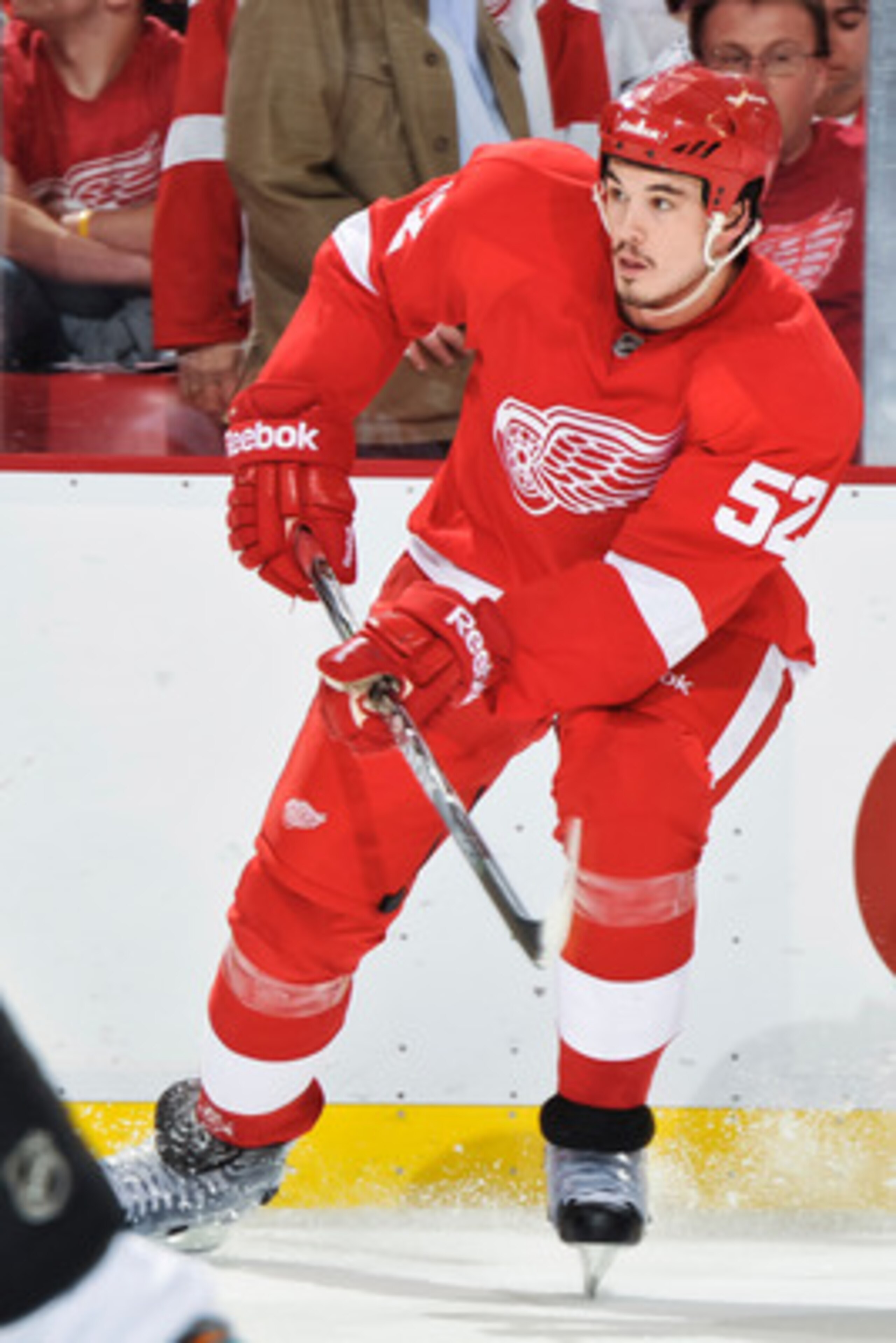 DETROIT - MAY 4: Jonathan Ericsson #52 of the Detroit Red Wings skates against the San Jose Sharks in Game Three of the Western Conference Semifinals during the 2011 NHL Stanley Cup Playoffs on May 4, 2011 at Joe Louis Arena in Detroit, Michigan. (Photo b