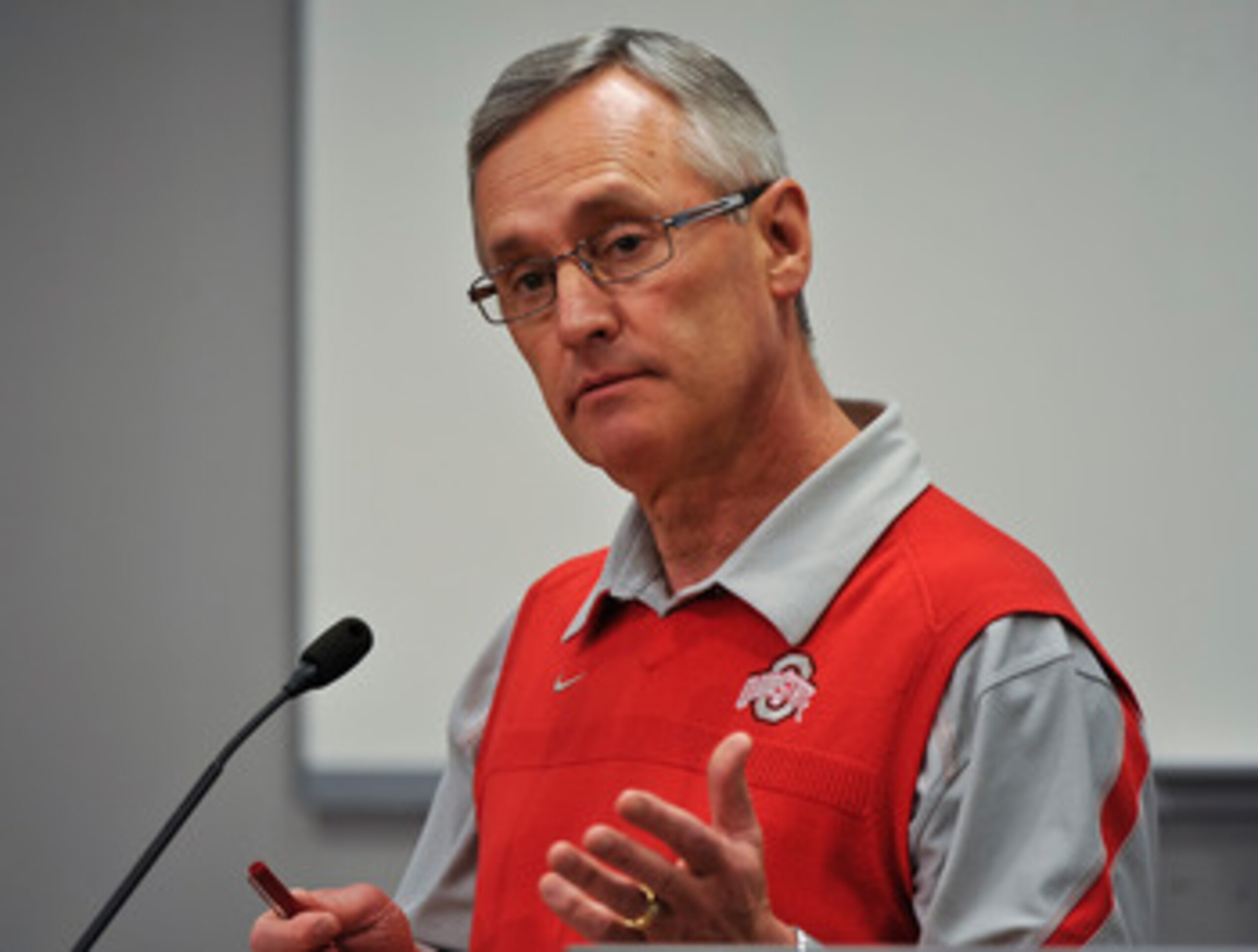 COLUMBUS, OH - MARCH 30:  Head Coach Jim Tressel speaks to the media during a press conference before the start of Spring practices at the Woody Hayes Athletic Center at The Ohio State University on March 30, 2011 in Columbus, Ohio. (Photo by Jamie Sabau/