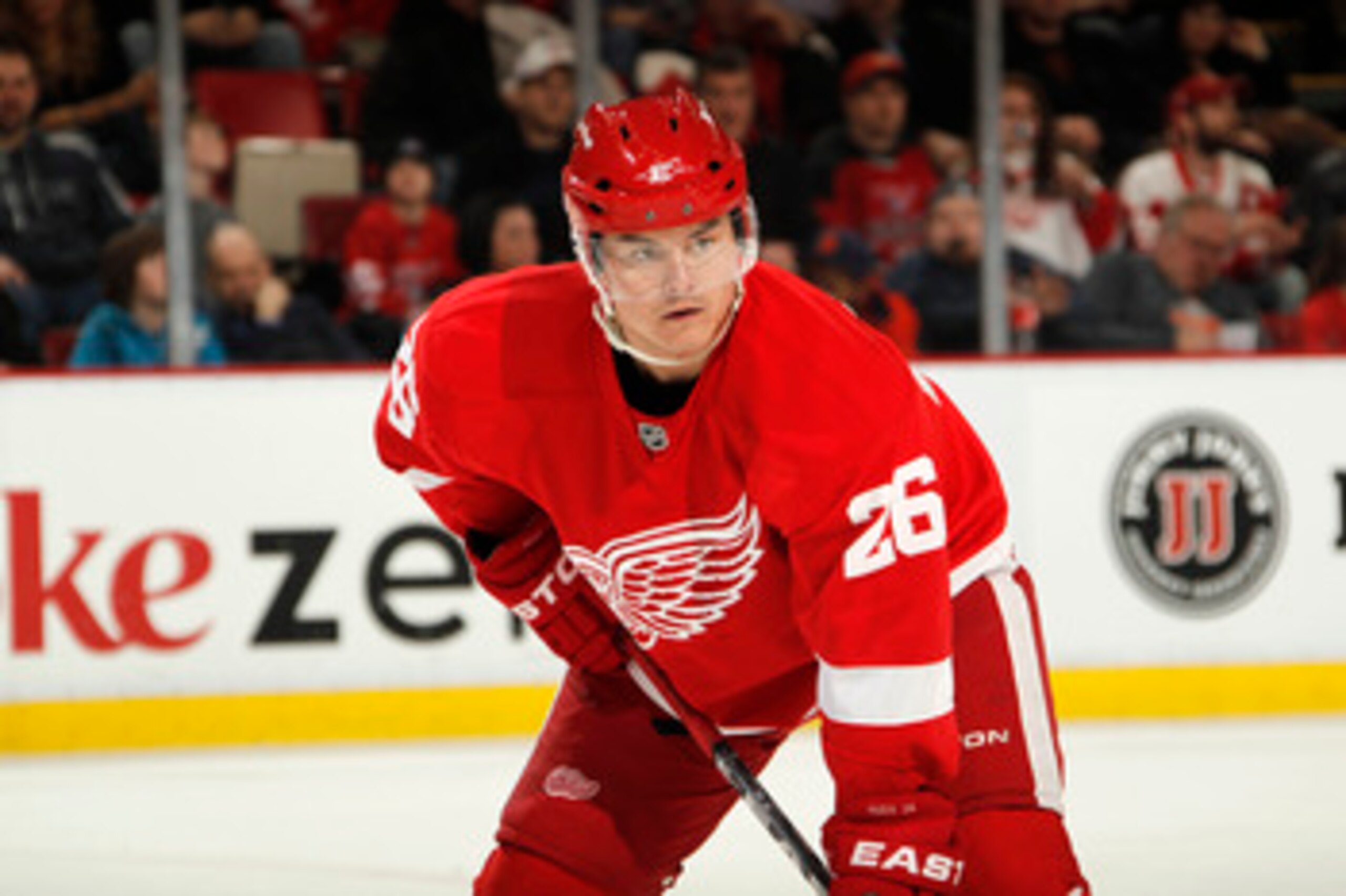 DETROIT, MI - FEBRUARY 24:  Jiri Hudler #26 of the Detroit Red Wings looks on the Dallas Stars on February 24, 2011 at Joe Louis Arena in Detroit, Michigan.  (Photo by Gregory Shamus/Getty Images)