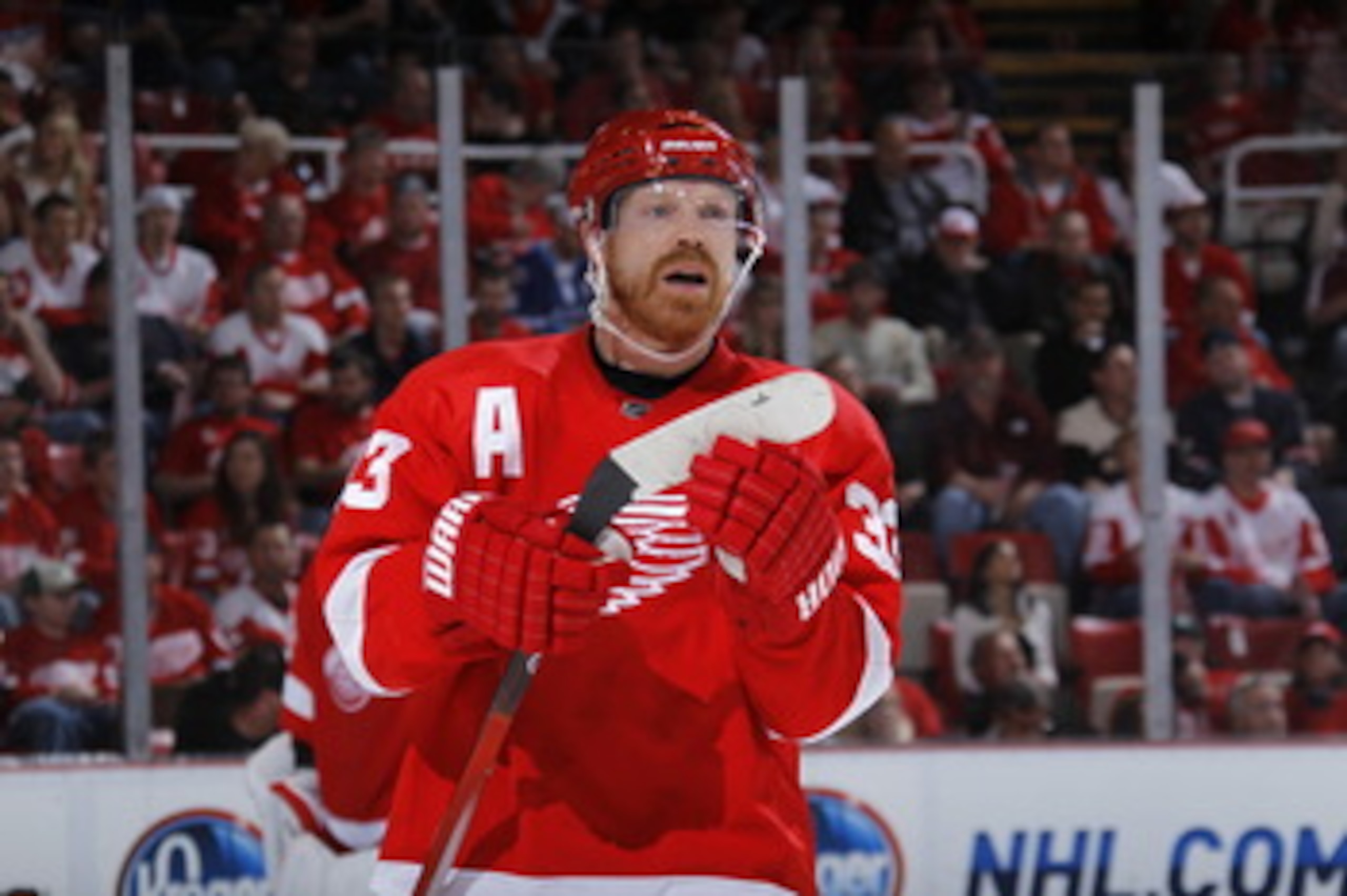 DETROIT - MAY 6: Kris Draper #33 of the Detroit Red Wings looks on the San Jose Sharks in Game Four of the Western Conference Semifinals during the 2011 NHL Stanley Cup Playoffs on May 6, 2011 at Joe Louis Arena in Detroit, Michigan. (Photo by Gregory Sha