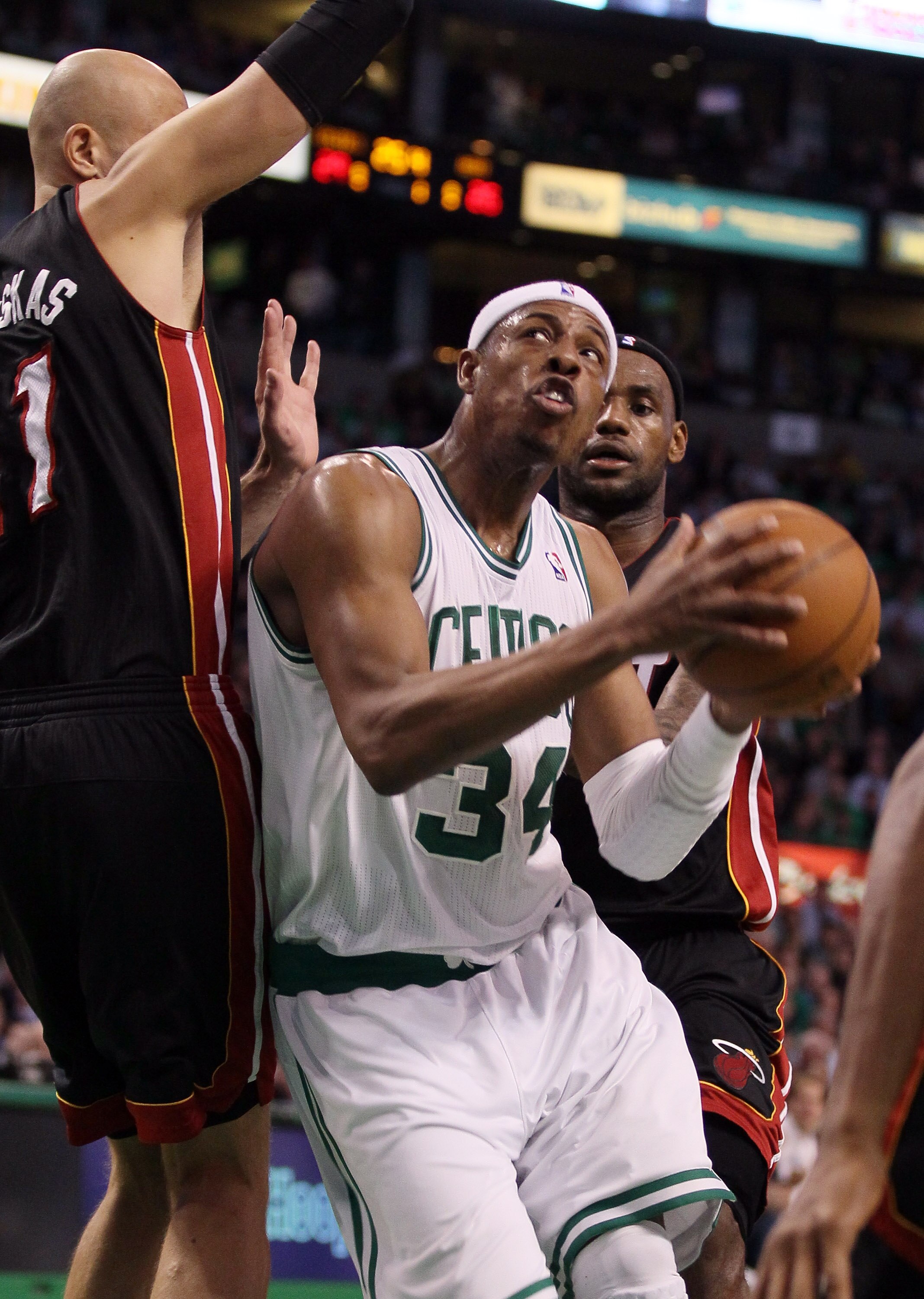 BOSTON, MA - MAY 09: Paul Pierce #34 of the Boston Celtics tries to get around Zydrunas Ilgauskas #11 of the Miami Heat in Game Four of the Eastern Conference Semifinals in the 2011 NBA Playoffs on May 9, 2011 at the TD Garden in Boston, Massachusetts.  N