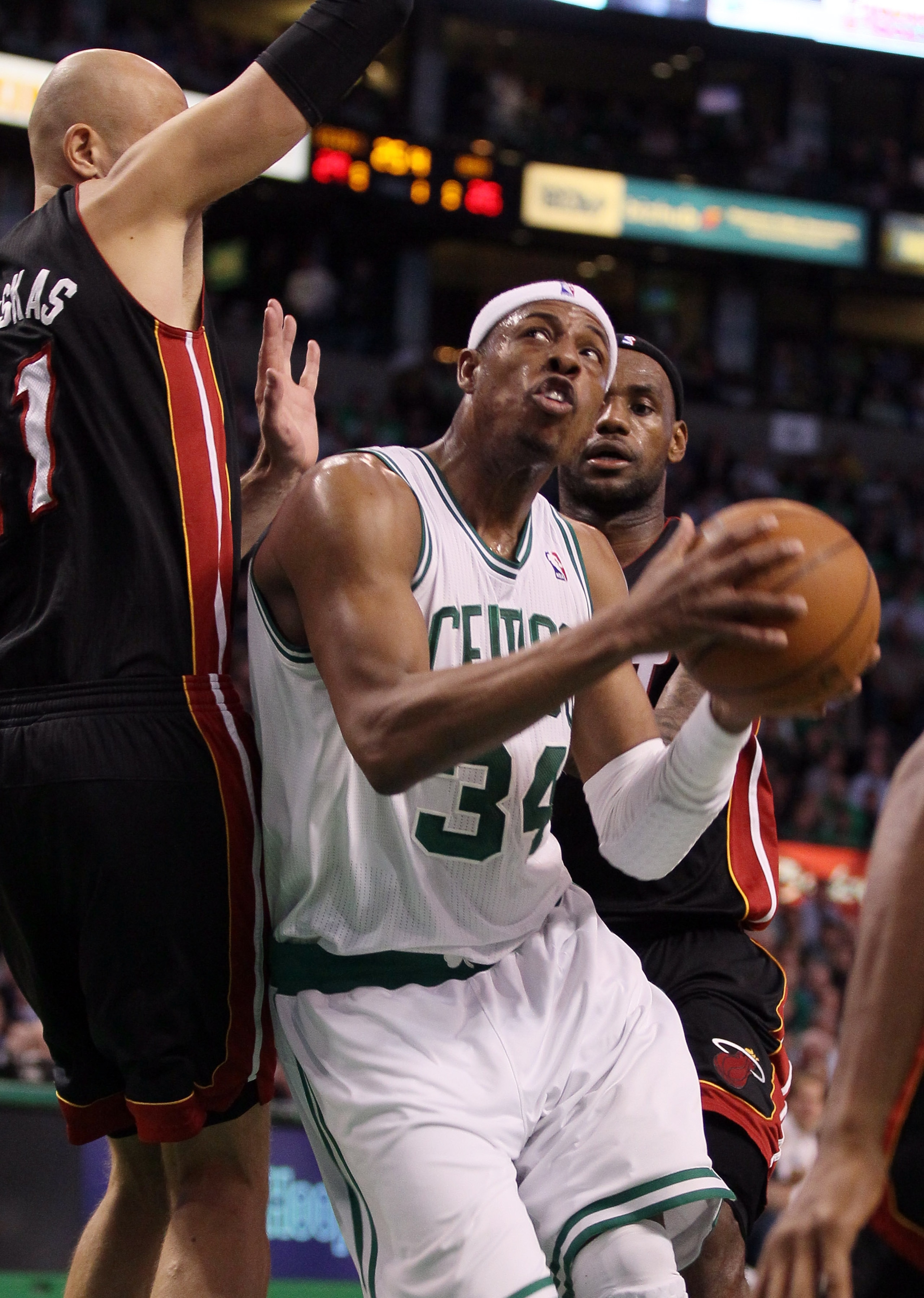 BOSTON, MA - MAY 09: Paul Pierce #34 of the Boston Celtics tries to get around Zydrunas Ilgauskas #11 of the Miami Heat in Game Four of the Eastern Conference Semifinals in the 2011 NBA Playoffs on May 9, 2011 at the TD Garden in Boston, Massachusetts.  N