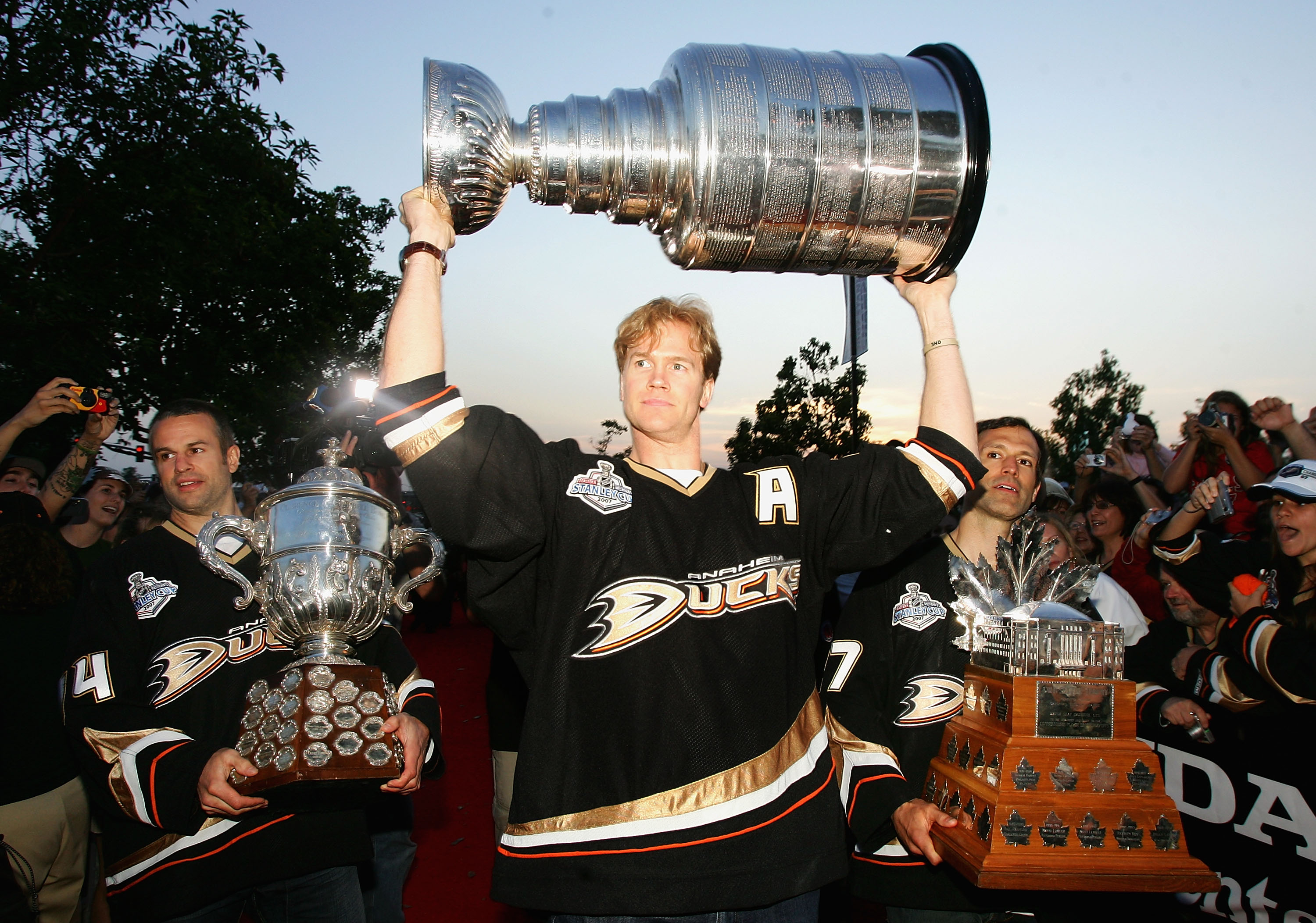 ANAHEIM, CA - JUNE 9:  Chris Pronger #25 of the Anaheim Ducks celebrates winning the 2007 Stanley Cup during the 'Anaheim Ducks Stanley Cup Victory Celebration' June 9, 2007 at Honda Center in Anaheim, California.  (Photo by Jeff Gross/Getty Images)