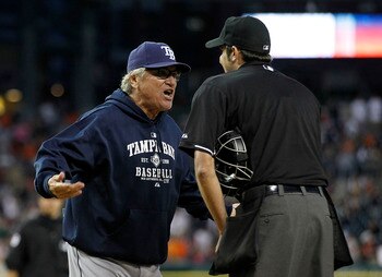 DETROIT - JUNE 13:  Tampa Bay Rays manager Joe Maddon #70 argues with home plate umpire John Tumpane #74 after a close play at the plate in the seventh inning during the game at Comerica Park on June 13, 2011 in Detroit, Michigan. The Tigers defeated the