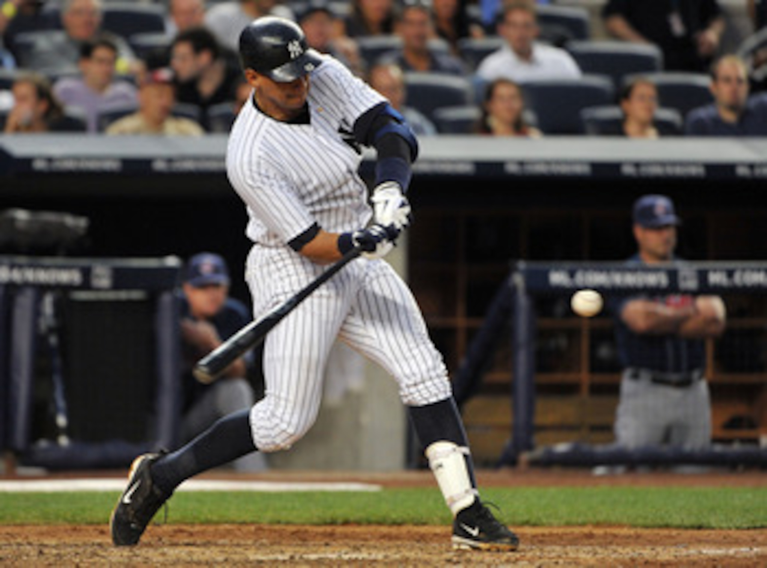 NEW YORK, NY - JUNE 10: Alex Rodriguez #13 of the New York Yankees  connects for a solo home run in the bottom of the fourth inning against the Cleveland Indians on June 10, 2011 at Yankee Stadium in the Bronx borough of New York City. (Photo by Christoph