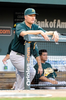 BALTIMORE, MD - JUNE 06:  Manager Bob Geren #17 of the Oakland Athletics watches the game against the Baltimore Orioles at Oriole Park at Camden Yards on June 6, 2011 in Baltimore, Maryland.  (Photo by Greg Fiume/Getty Images)