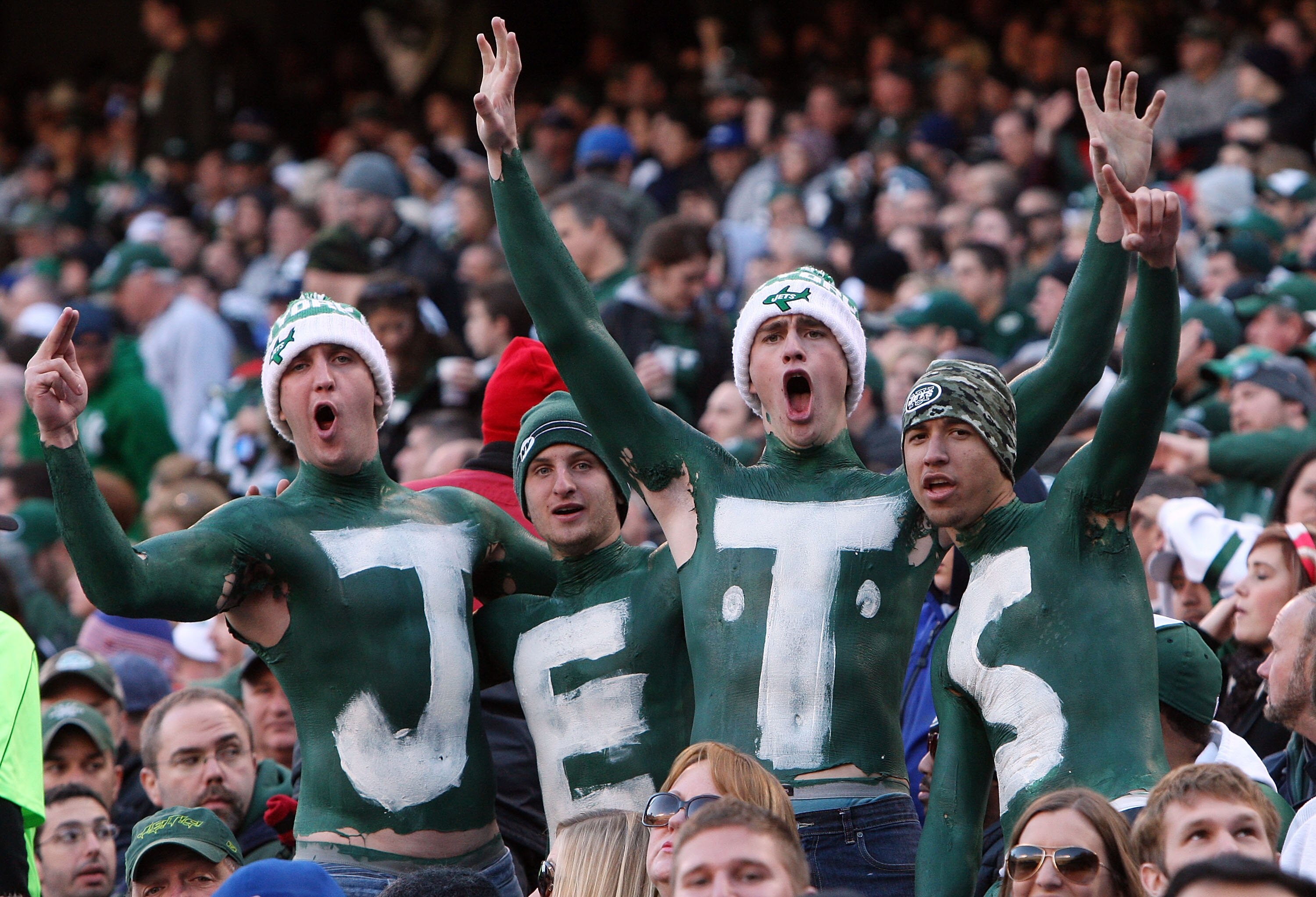 EAST RUTHERFORD, NJ - NOVEMBER 29:  Fans of the New York Jets cheer on their team against the Carolina Panthers on November 29, 2009 at Giants Stadium in East Rutherford, New Jersey. The Jets defeated the Panthers 17-6.  (Photo by Jim McIsaac/Getty Images