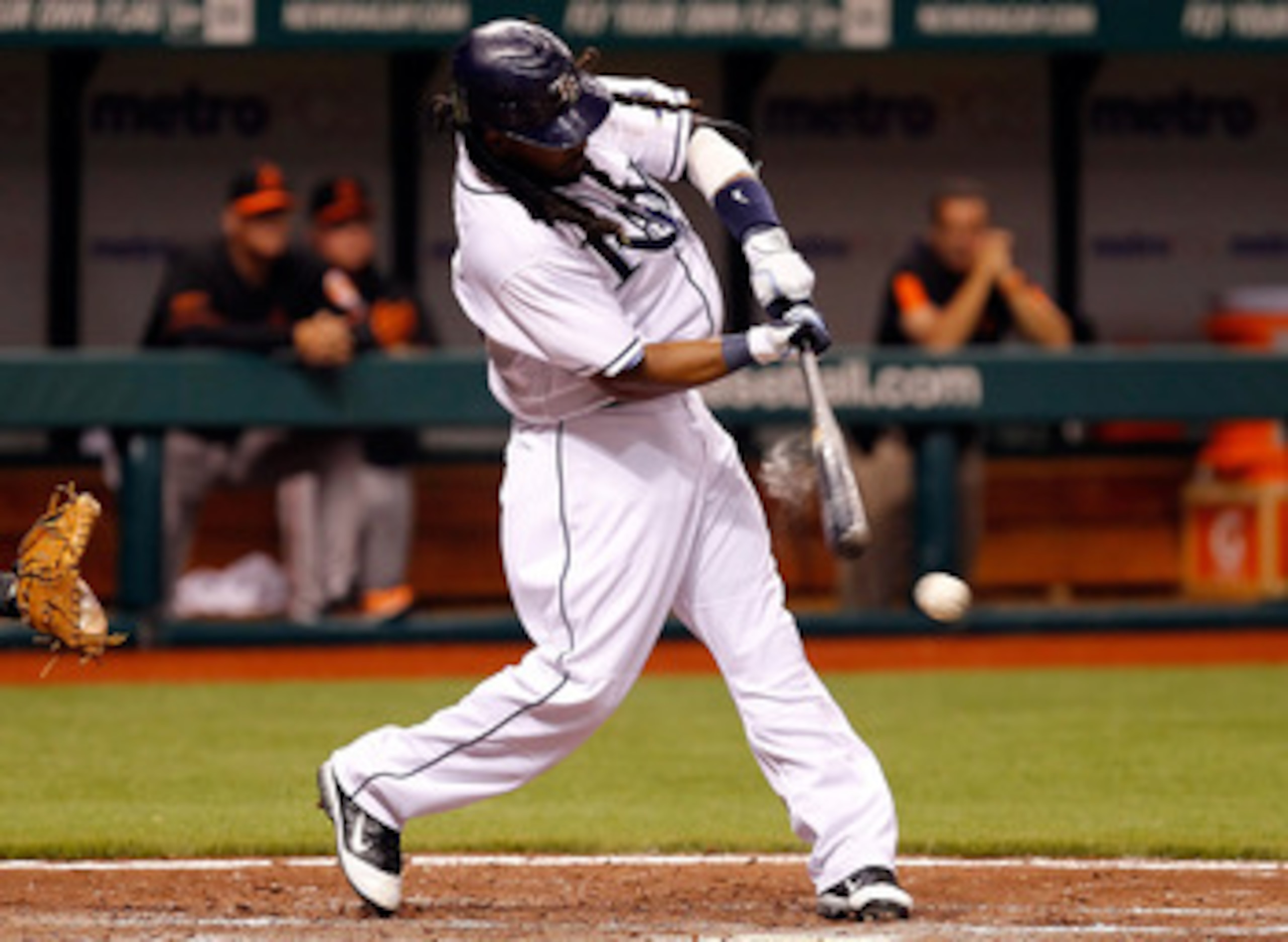 ST. PETERSBURG, FL - APRIL 01:  Designated hitter Manny Ramirez #24 of the Tampa Bay Rays fouls off a pitch against the Baltimore Orioles during the Opening Day game at Tropicana Field on April 1, 2011 in St. Petersburg, Florida.  (Photo by J. Meric/Getty