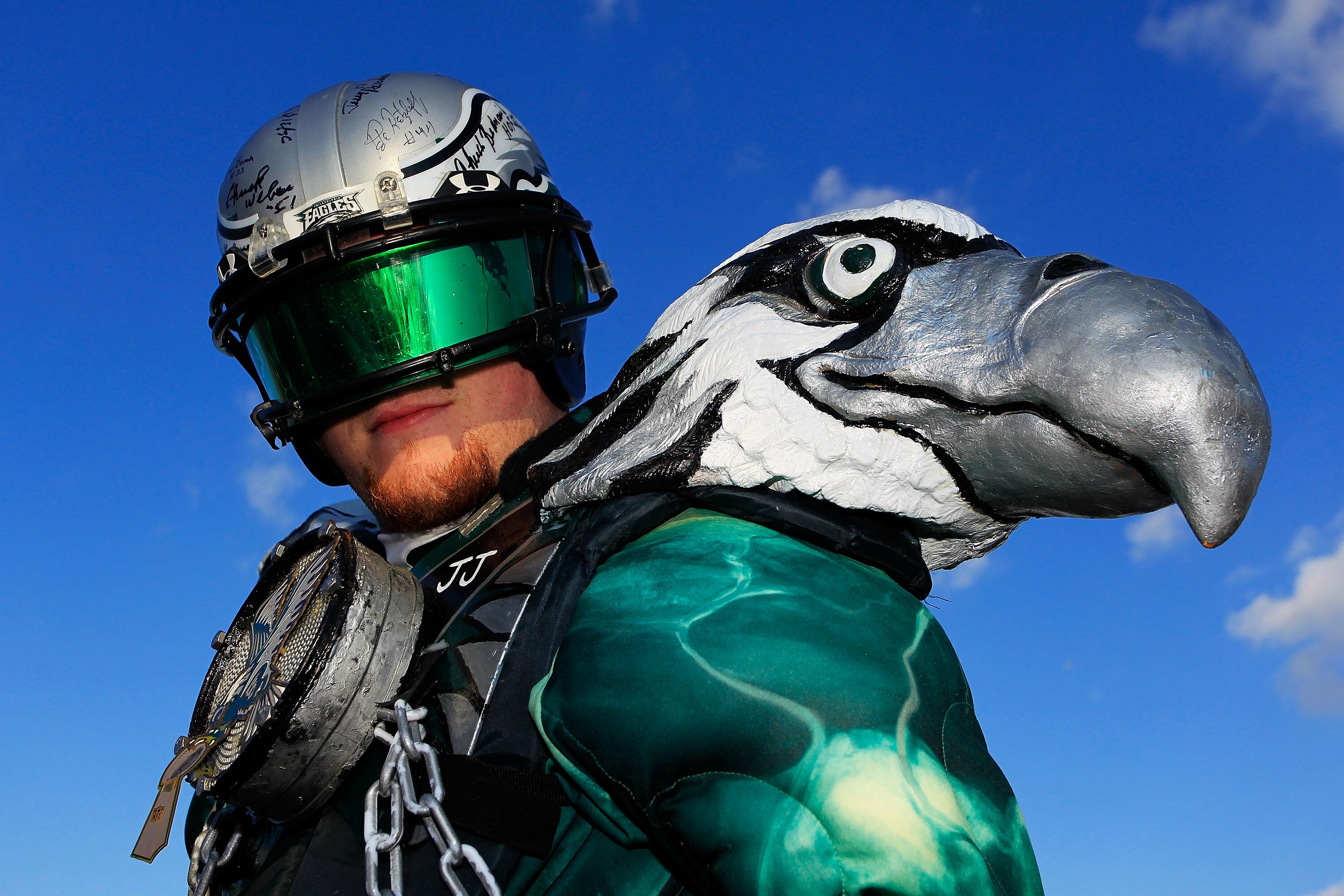 PHILADELPHIA, PA - JANUARY 09:  A Philadelphia Eagles fan poses for a photo before they play against the Green Bay Packers in the 2011 NFC wild card playoff game at Lincoln Financial Field on January 9, 2011 in Philadelphia, Pennsylvania.  (Photo by Chris