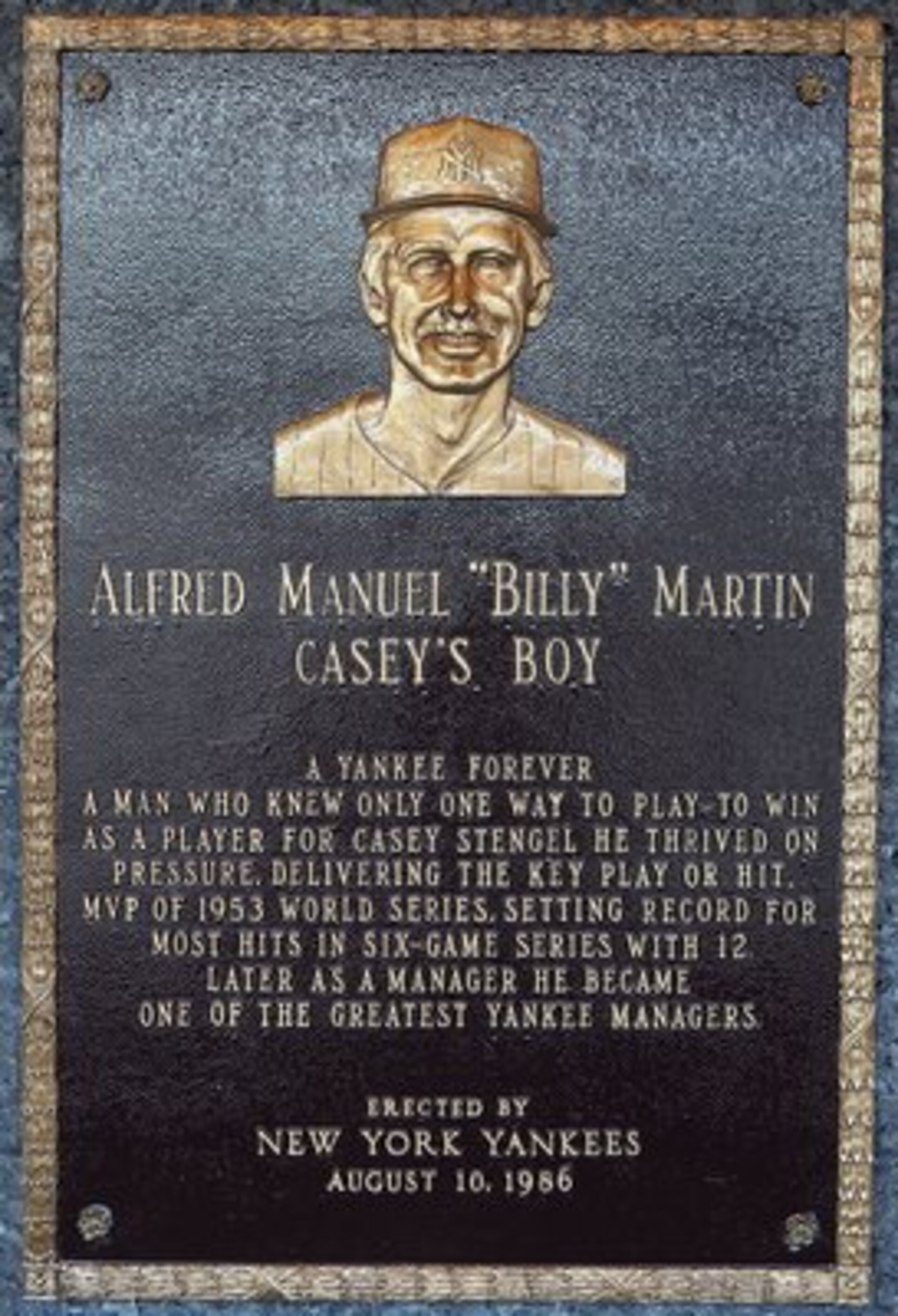 NEW YORK - MAY 02:  The plaque of Billy Martin is seen in Monument Park at Yankee Stadium prior to the game between the New York Yankees and the Chicago White Sox on May 2, 2010 in the Bronx borough of New York City. The Yankees defeated the White Sox 12-