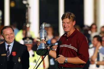 GULLANE - JULY 21:  Ernie Els of South Africa makes his victory speech as Peter Dawson looks on after the 131st Open Championship held at Muirfield Golf Club in Gullane, Scotland on July 21, 2002. (Photo by David Cannon/Getty Images)