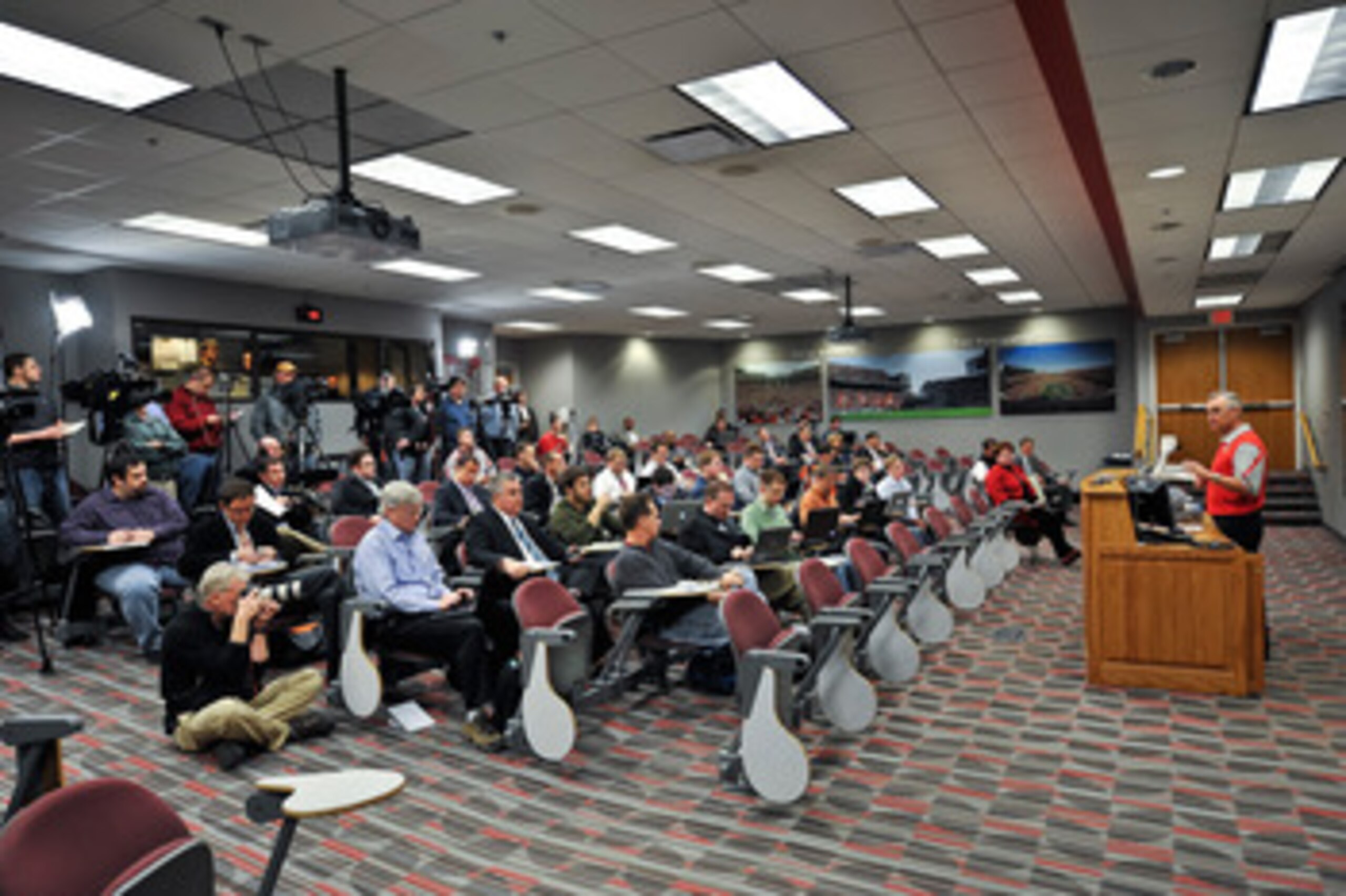 COLUMBUS, OH - MARCH 30:  Head Coach Jim Tressel speaks to the media during a press conference before the start of Spring practices at the Woody Hayes Athletic Center at The Ohio State University on March 30, 2011 in Columbus, Ohio. (Photo by Jamie Sabau/