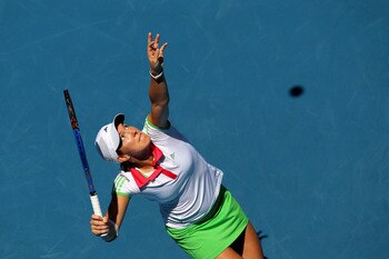 MELBOURNE, AUSTRALIA - JANUARY 21:  Justine Henin of Belgium serves in her third round match against Svetlana Kuznetsova of Russia during day five of the 2011 Australian Open at Melbourne Park on January 21, 2011 in Melbourne, Australia.  (Photo by Camero