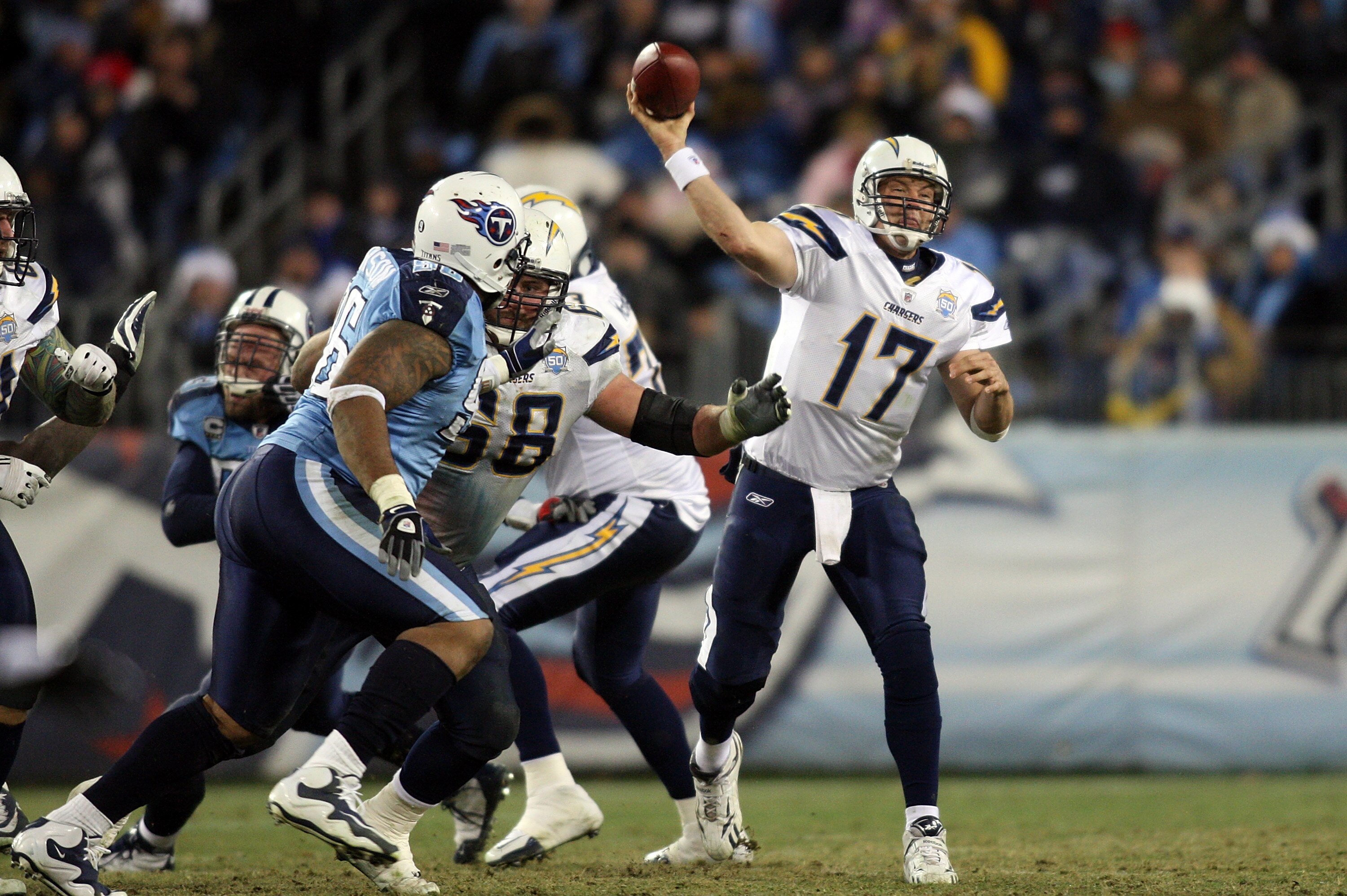 NASHVILLE, TN - DECEMBER 25: Philip Rivers #17 of the San Diego Chargers releases this pass against the Tennessee Titans on December 25, 2009 at LP Field in Nashville, Tennessee. (Photo by Rex Brown/Getty Images)