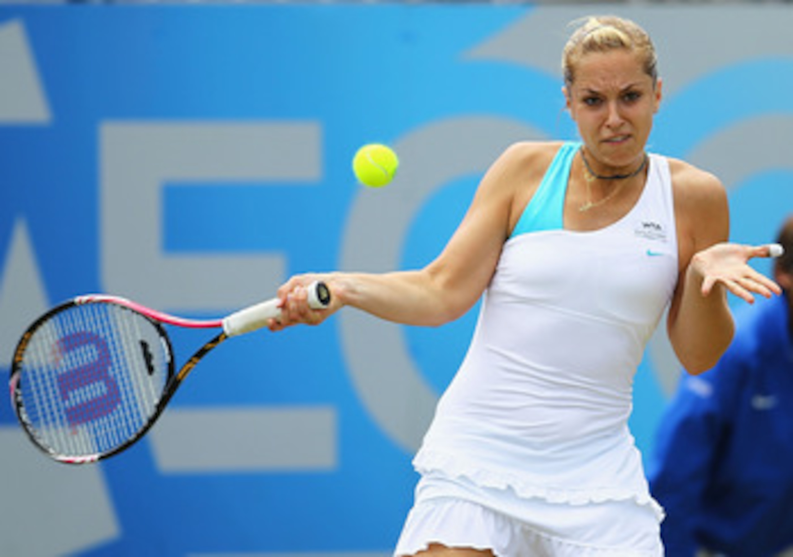 BIRMINGHAM, ENGLAND - JUNE 13:  Sabine Lisicki of Germany plays a forehand during the Ladies Final against Daniela Hantuchova of Slovakia during day eight of the AEGON Classic at the Edgbaston Priory Club on June 13, 2011 in Birmingham, England.  (Photo b