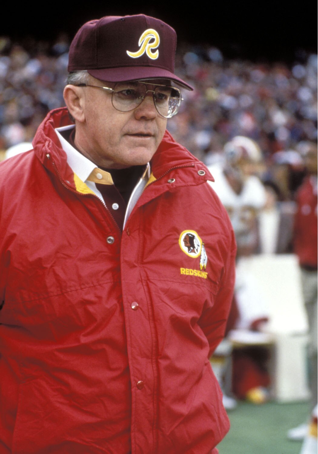 Washington Redskins coach Joe Gibbs stands on sideline. 1992  (Photo by Al Messerschmidt/Getty Images)
