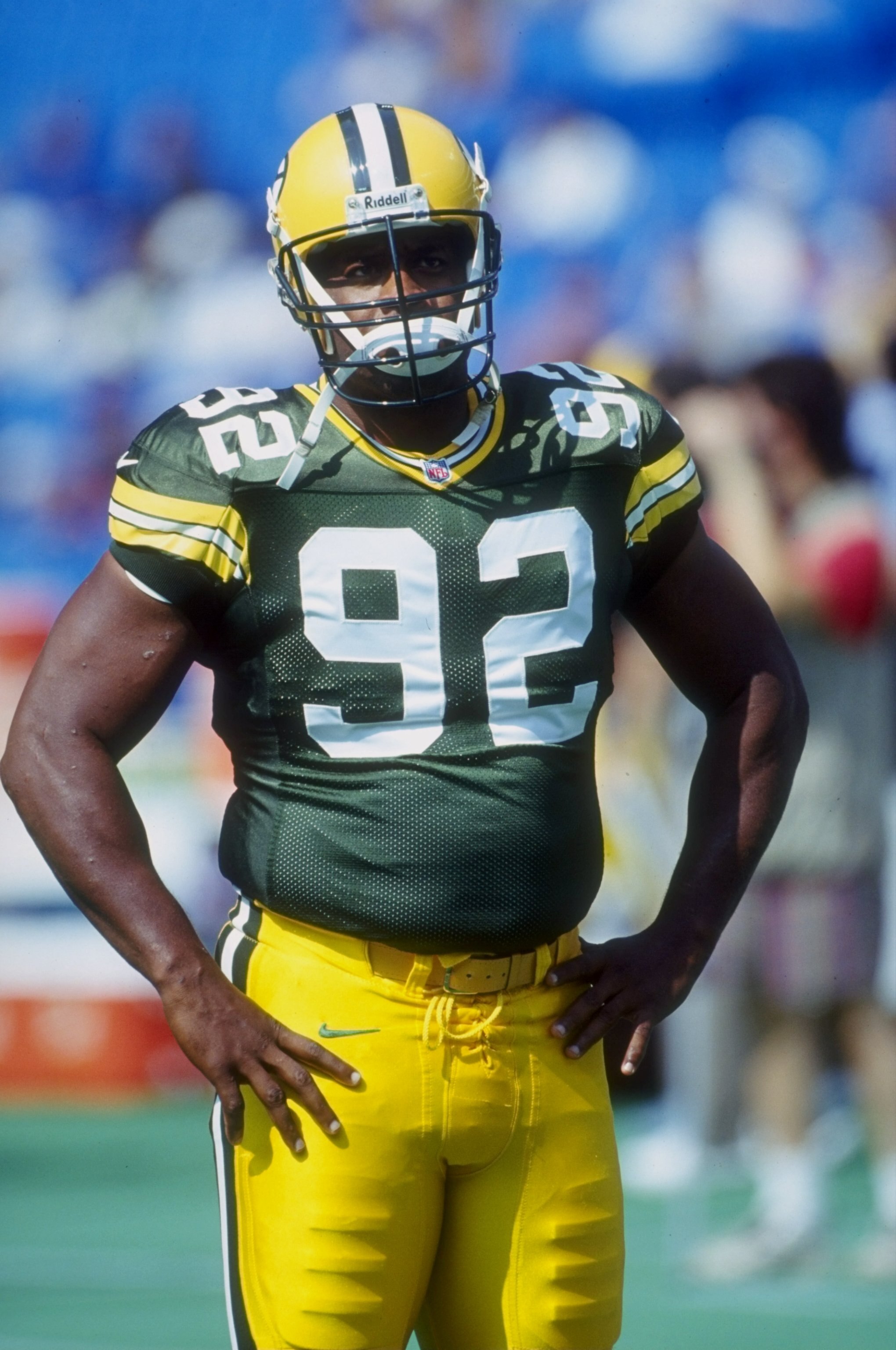Reggie White #92 of the Green Bay Packers looks on during the 1997 American Bowl against the Buffalo Bills at the Toranto Skydome in Toranto, Canada. The Packers defeated the Bills 35-3.