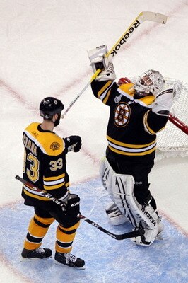 BOSTON, MA - JUNE 13:  Zdeno Chara #33 of the Boston Bruins celebrates with Tim Thomas #30 after defeating the Vancouver Canucks in Game Six of the 2011 NHL Stanley Cup Final at TD Garden on June 13, 2011 in Boston, Massachusetts. The Boston Bruins defeat
