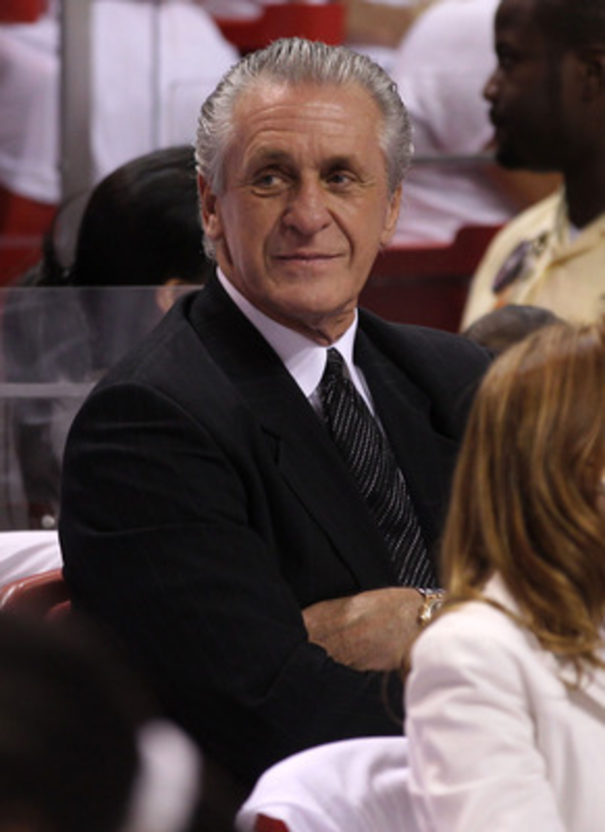MIAMI, FL - MAY 31:  Team President Pat Riley of the Miami Heat looks on during halftime as the Heat take on the Dallas Mavericks in Game One of the 2011 NBA Finals at American Airlines Arena on May 31, 2011 in Miami, Florida. NOTE TO USER: User expressly
