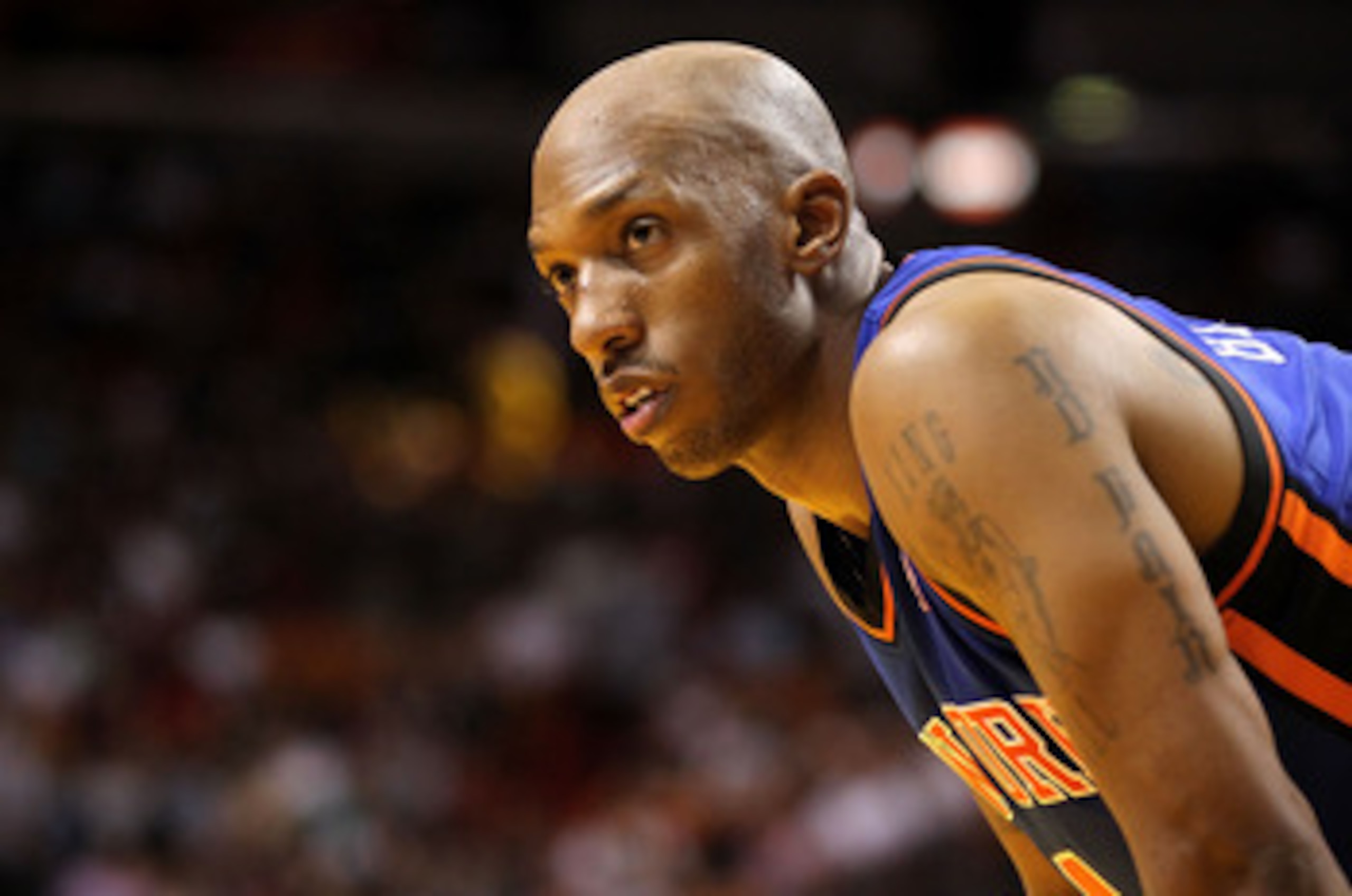 MIAMI, FL - FEBRUARY 27:  Chauncey Billups #4 of the New York Knicks stands on the court during a game against the Miami Heat at American Airlines Arena on February 27, 2011 in Miami, Florida. NOTE TO USER: User expressly acknowledges and agrees that, by 