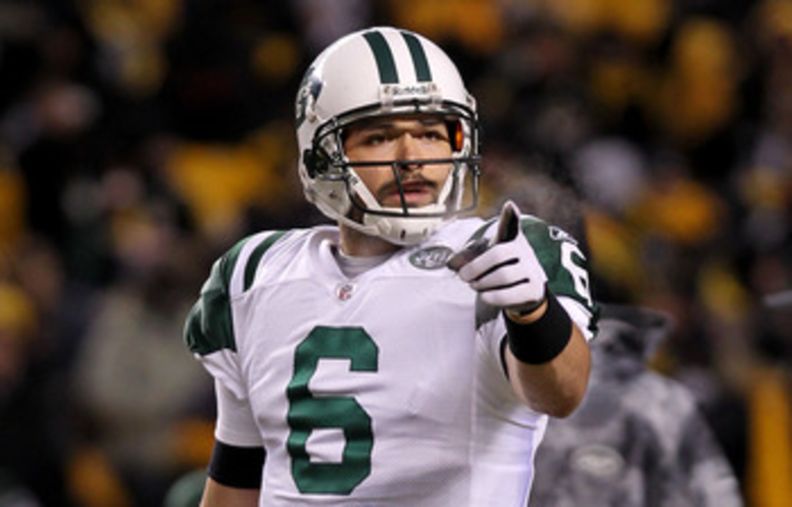 PITTSBURGH, PA - JANUARY 23:  Mark Sanchez #6 of the New York Jets warms up prior to their 2011 AFC Championship game against the Pittsburgh Steelers at Heinz Field on January 23, 2011 in Pittsburgh, Pennsylvania.  (Photo by Nick Laham/Getty Images)