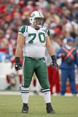 SAN FRANCISCO - DECEMBER 07:  Mike Devito #70 of the New York Jets stands on the field against the San Francisco 49ers during an NFL game on December 7, 2008 at Candlestick Park in San Francisco, California. (Photo by Jed Jacobsohn/Getty Images)