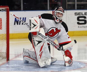 NEW YORK, NY - APRIL 09: Martin Brodeur #30 of the New Jersey Devils stretches prior to the game against the New York Rangers at Madison Square Garden on April 9, 2011 in New York City.  (Photo by Jonathan Klein/Getty Images)