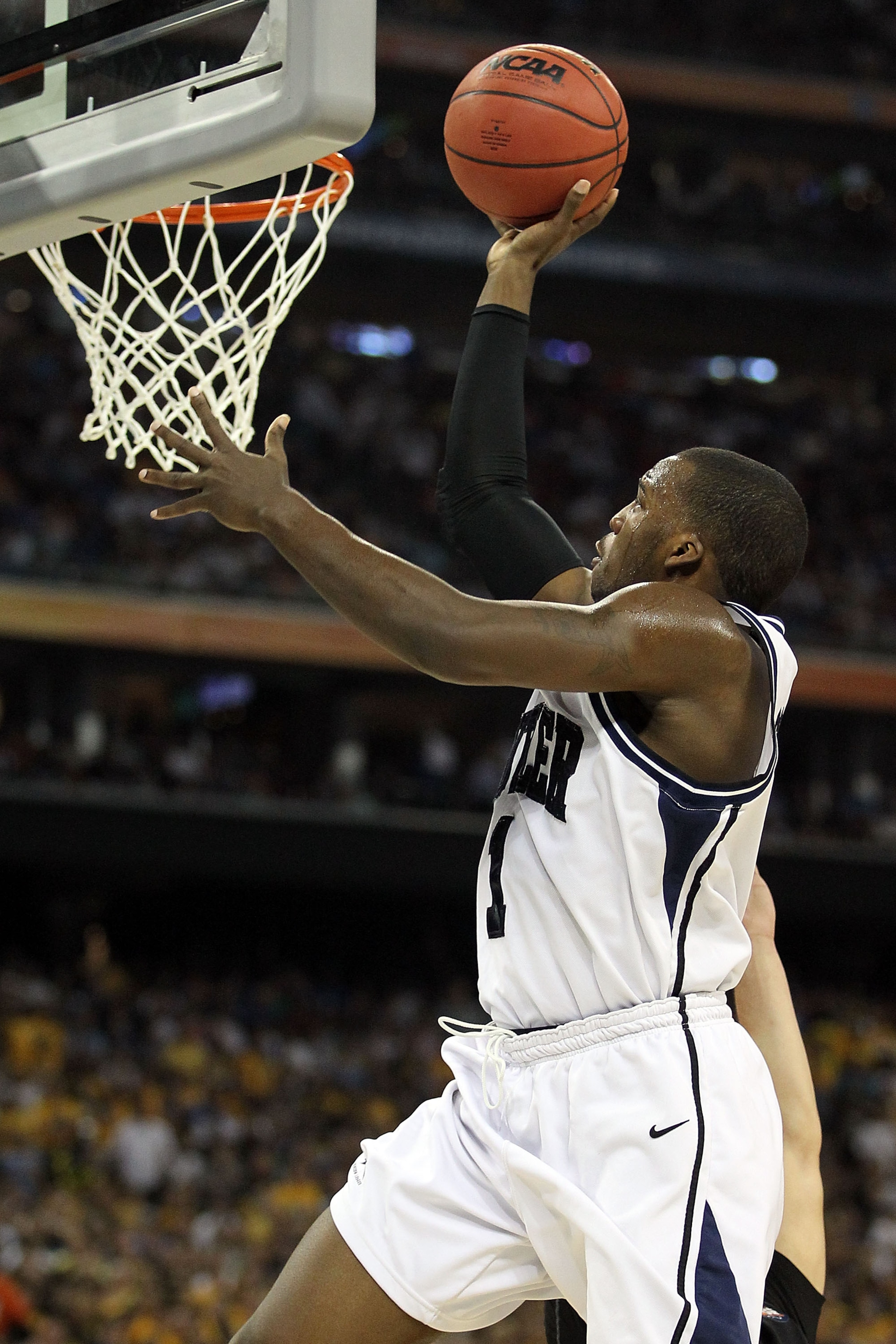 HOUSTON, TX - APRIL 02:  Shelvin Mack #1 of the Butler Bulldogs goes to the hoop against the Virginia Commonwealth Rams during the National Semifinal game of the 2011 NCAA Division I Men's Basketball Championship at Reliant Stadium on April 2, 2011 in Hou