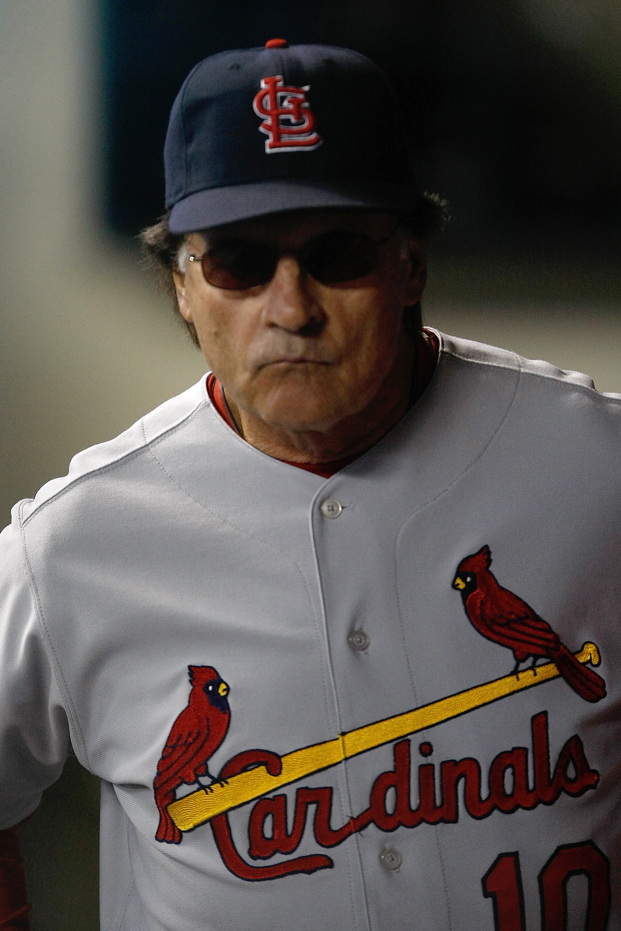 MILWAUKEE, WI - JUNE 10: Tony LaRussa #10 of the St. Louis Cardinals, who is managing in his 5000th game, looks on against the Milwaukee Brewers at Miller Park on June 10, 2011 in Milwaukee, Wisconsin. (Photo by Scott Boehm/Getty Images)