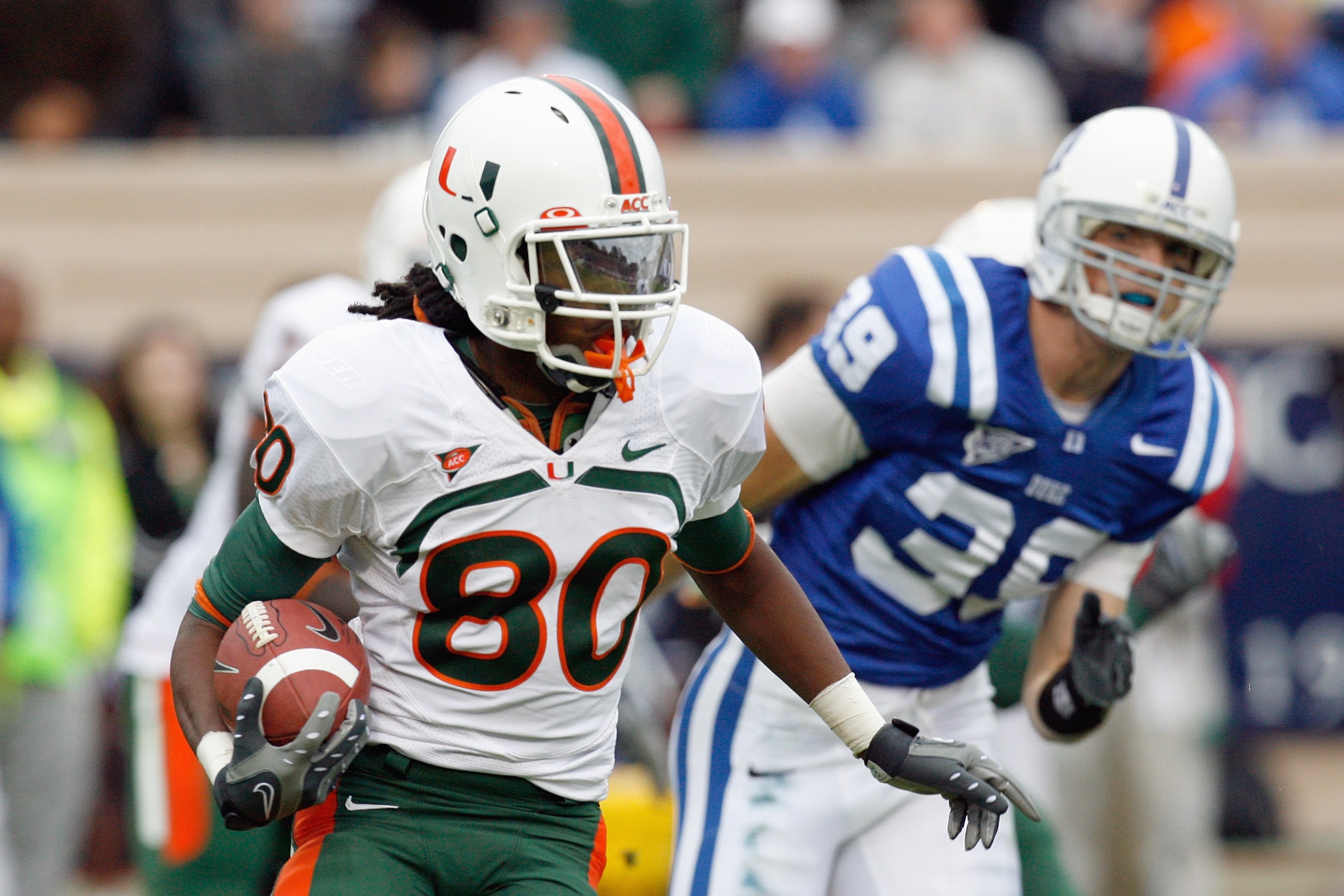 DURHAM, NC - OCTOBER 18:  Travis Benjamin #80 of the Miami Hurricanes carries the ball during the game against the Duke Blue Devils at Wallace Wade Stadium on October 18, 2008 in Durham, North Carolina.  (Photo by Kevin C. Cox/Getty Images)